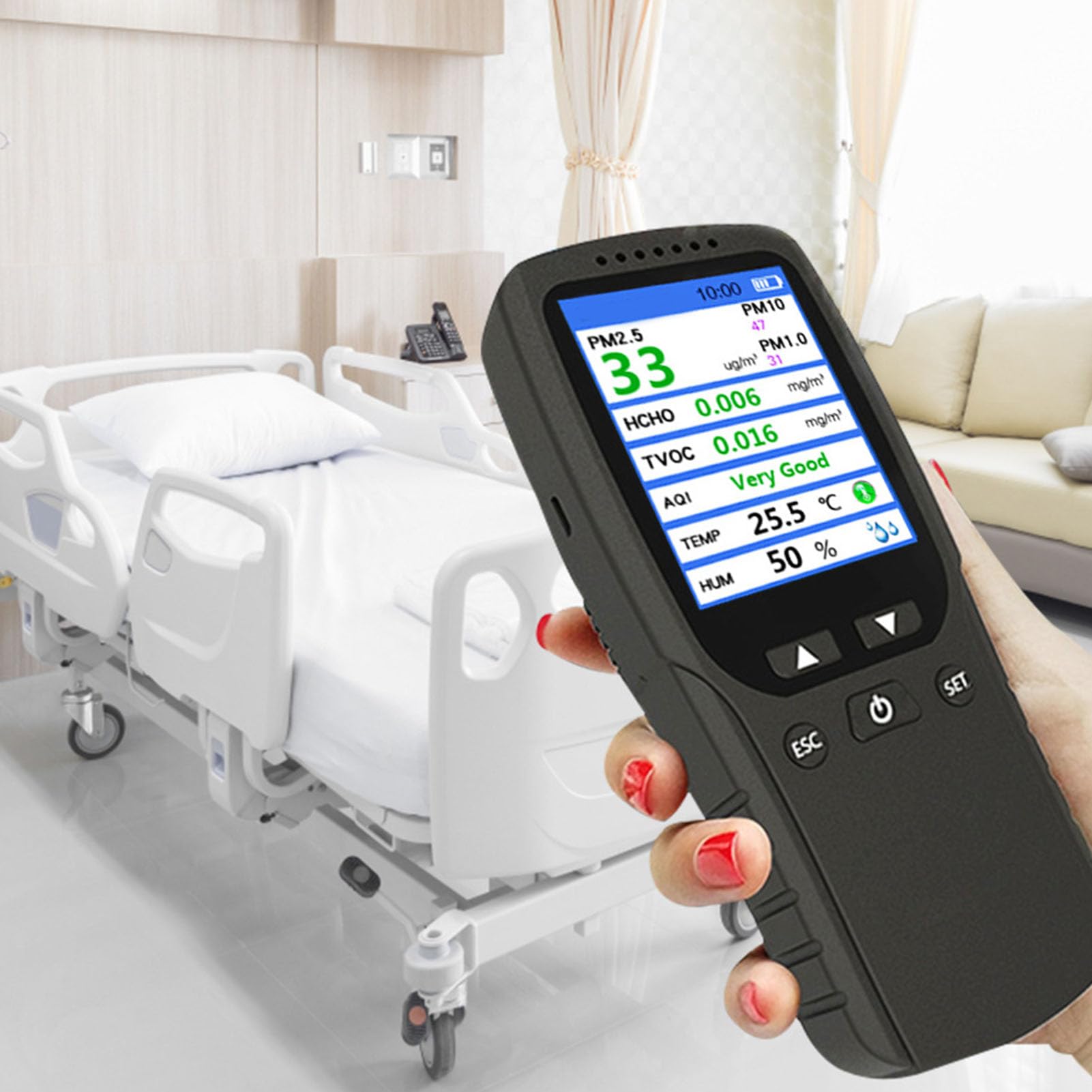 EVTSCAN Air Quality Monitor, Temperature & Humidity Meter, Dust Tester,Detect Indoor HCHO/TVOC/PM2.5/PM10/PM1.0 Detector for Room Car Office