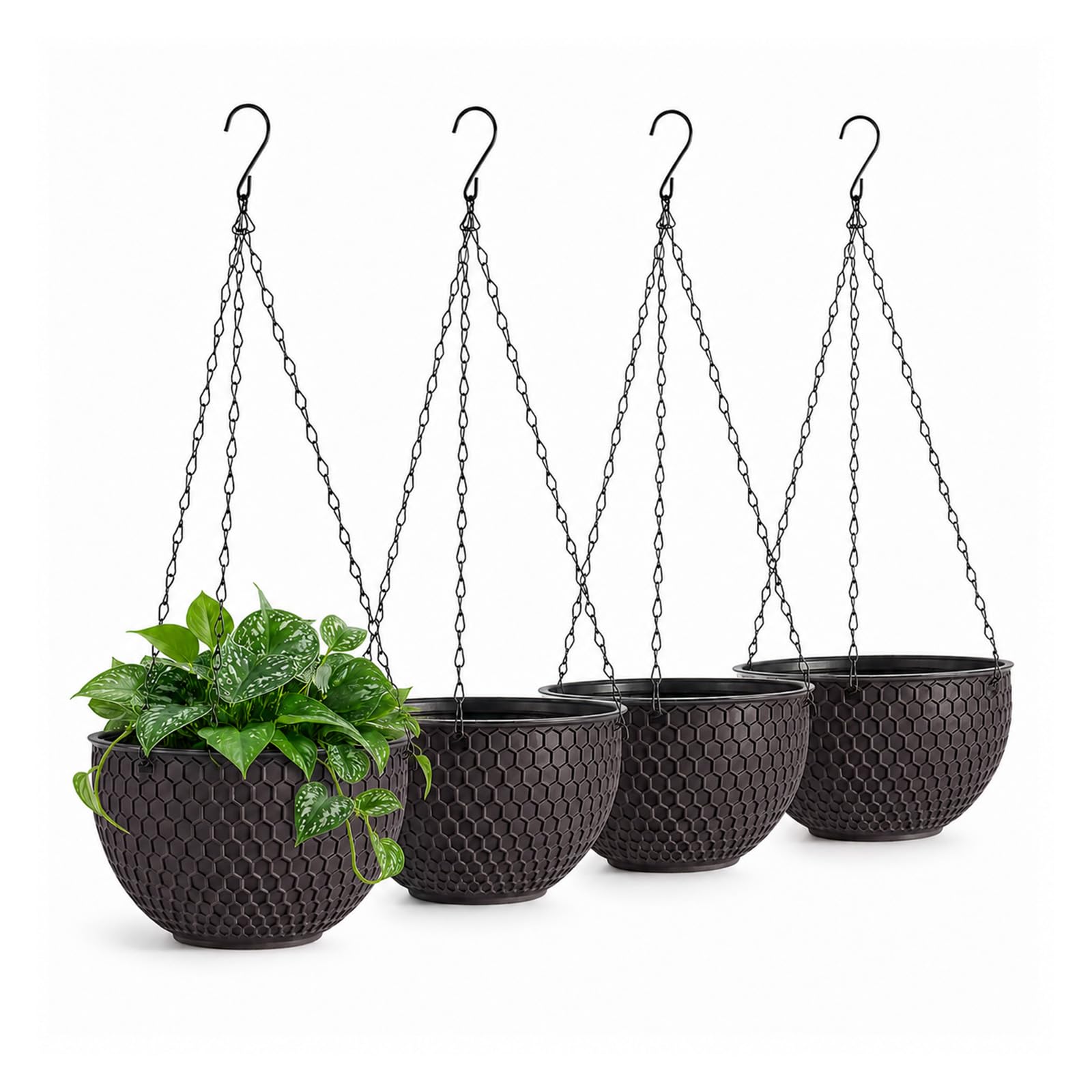 BLOMZA 4 Pack Hanging Basket Planters, Plastic Flower Pots with Drainage for Garden (Brown)