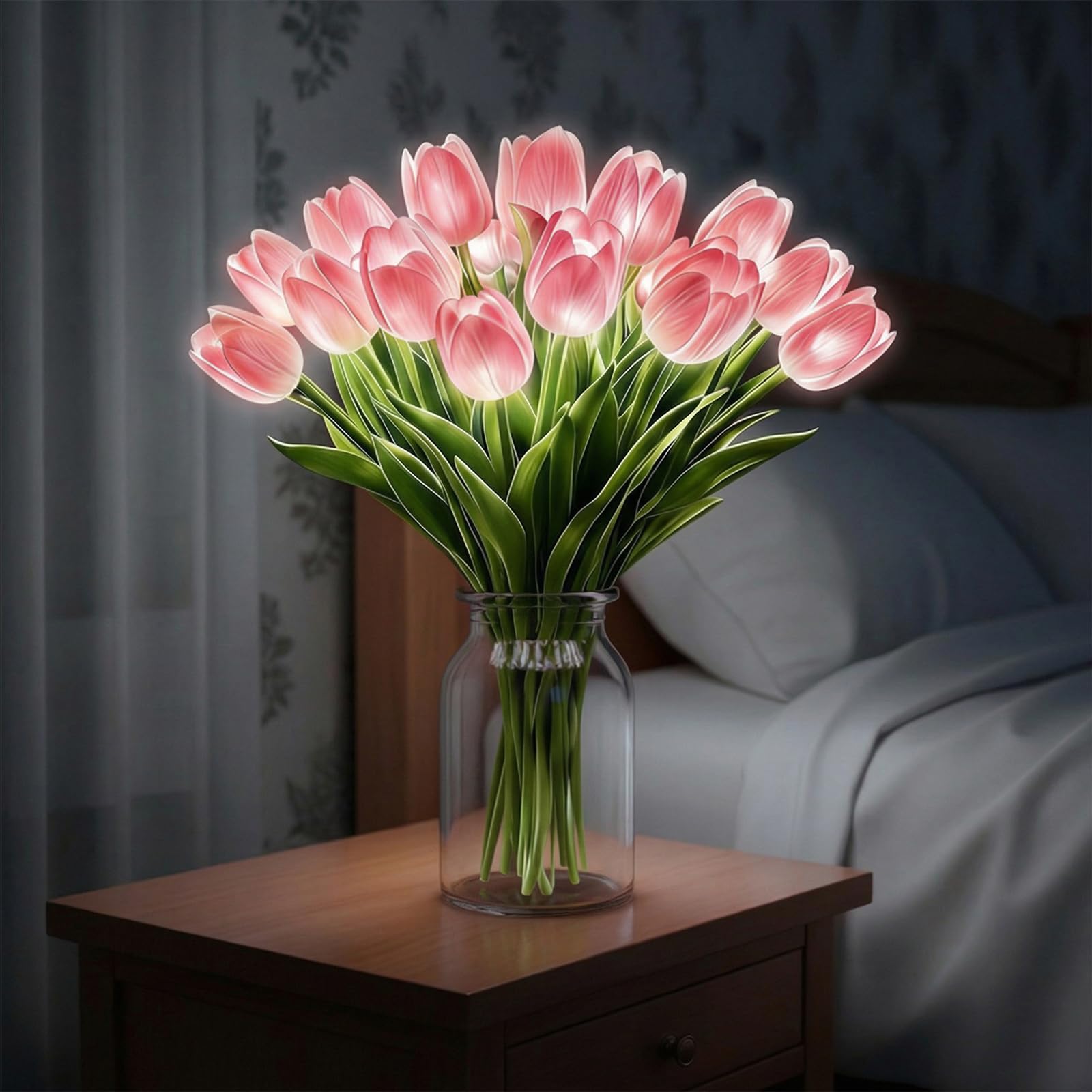 GETBSTOOP 15Pcs Radiant Romantic Tulip Light LED Adjustable Tulip Night Light Warm Light Luminous Bouquet Ornament Gift for Anniversary/Wedding/Birthday (Pink White) (E)