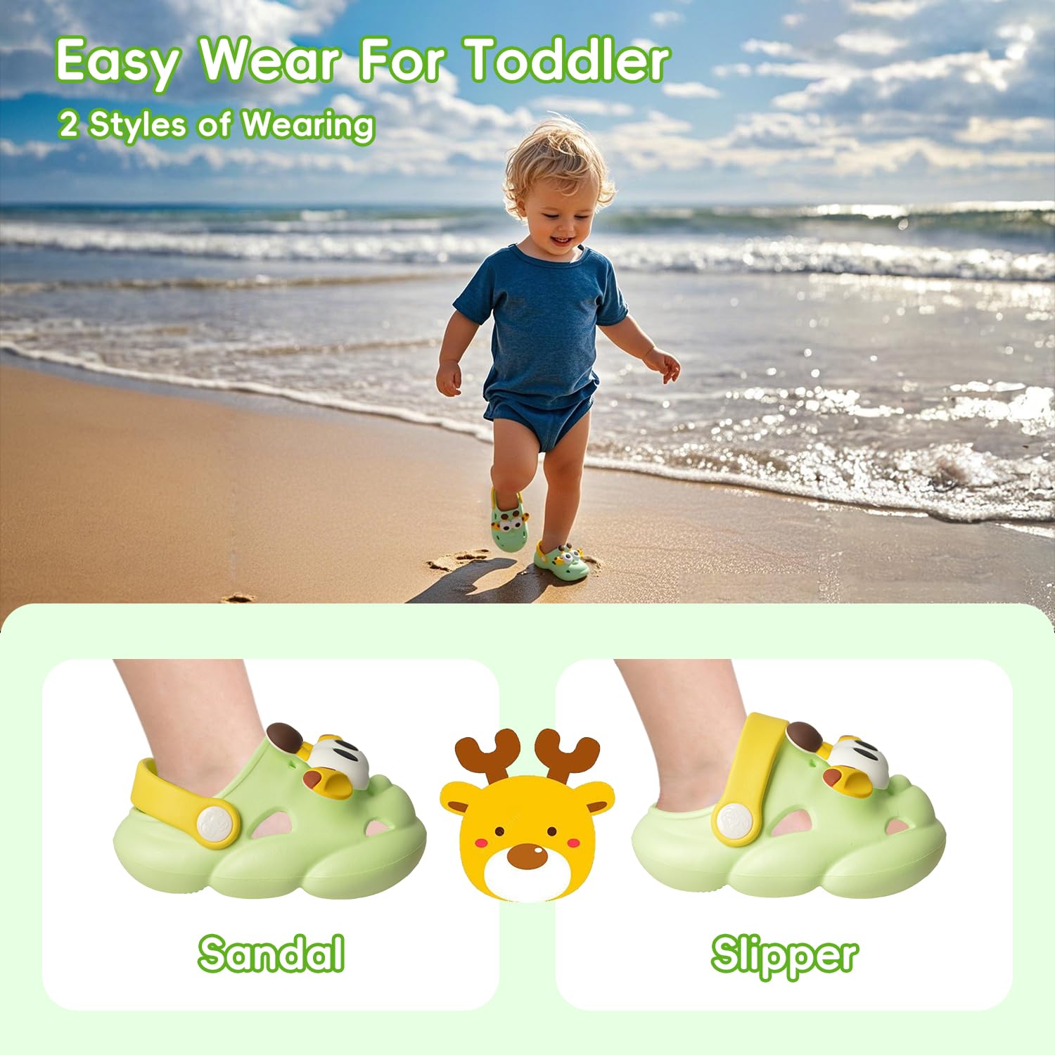 Toddler Sandals Baby Walking Shoes Toddler Girl Cute Cartoon Garden Shoes Boys Non Slip Soft Sole Lightweight Breathable Causal Wide Slides Slippers Outdoor Slip on Sandals 18-24 Months(Green 140)6T