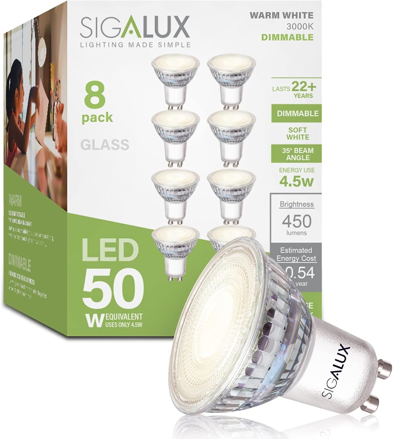 Sigalux GU10 LED Dimmable Bulb, 3000K Warm White Track Light Bulb, 4.5W