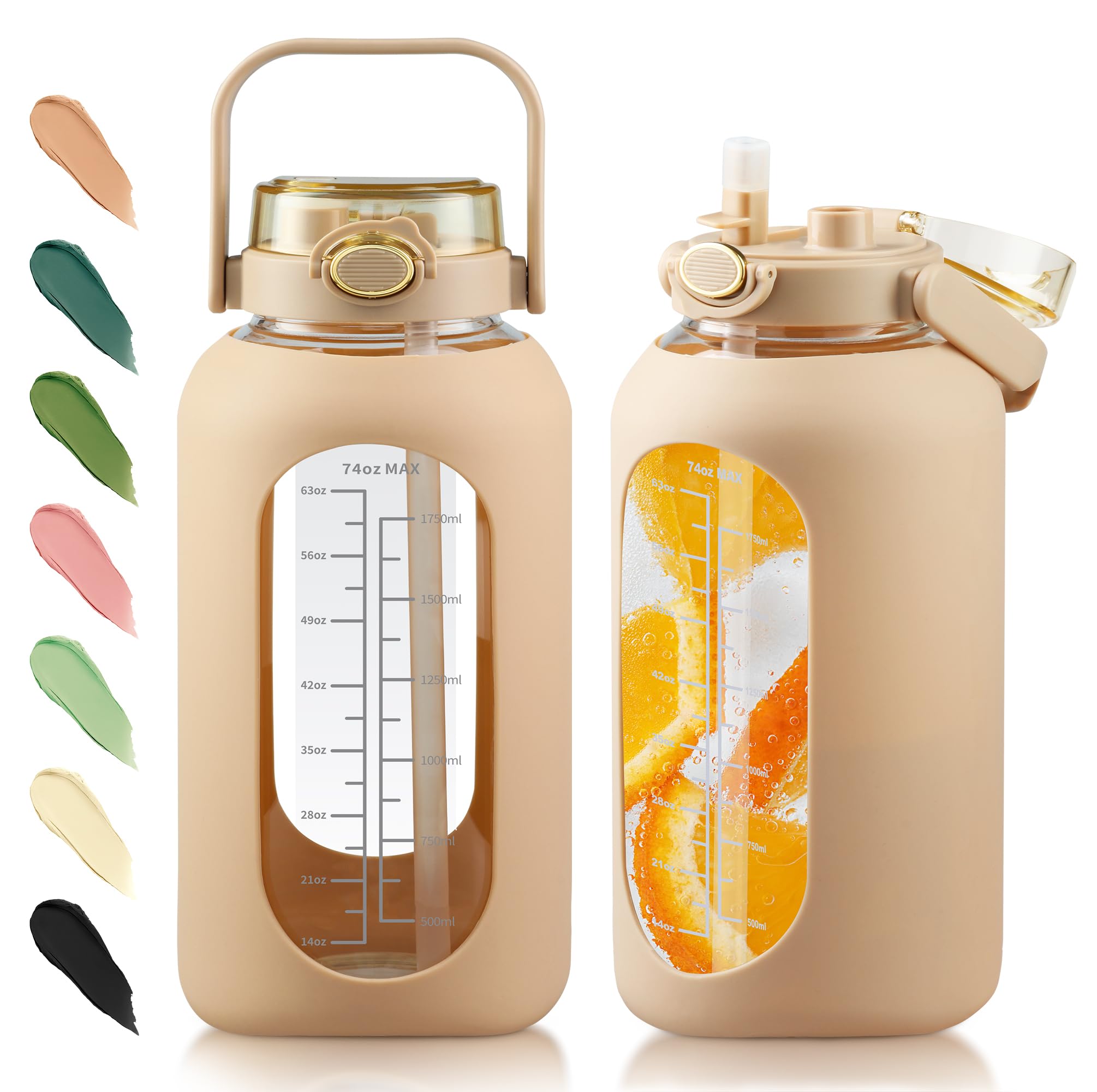 2.2 l große Glas-Wasserflasche mit Strohhalm und Griffdeckel, 2.2 l Fassungsvermögen, motivierende Flasche mit Silikonhülle und Zeitmarkierung, groß, wiederverwendbar, Zuhause, Workout