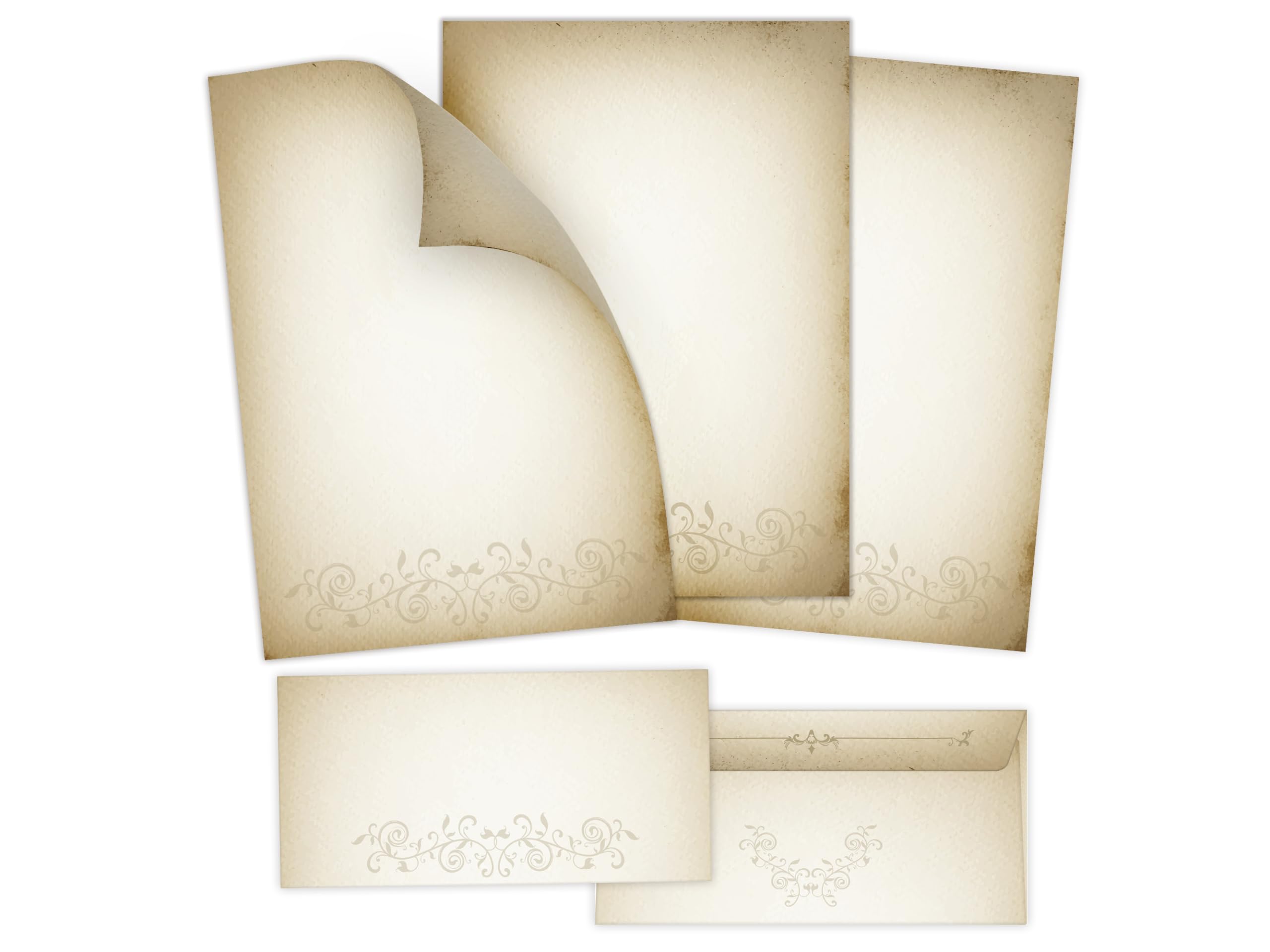 Briefpapier-Set 250 Druckerpapier DIN A4 + 250 Kuverts DIN-lang haftklebend Altes Papier vintage retro Mittelalter antiker Ornament beidseitig bedruckbar für Geburtstag Jubiläum Hochzeit Menükarte
