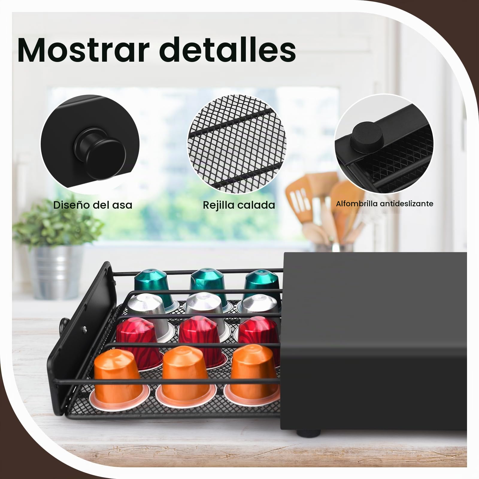 Soporte para Cápsulas de Café, Dispensador con Cajón de Metal - Capacidad 40 Cápsulas, para Casa, Oficina, Cocina - Incluye Paño de Limpieza, Negro