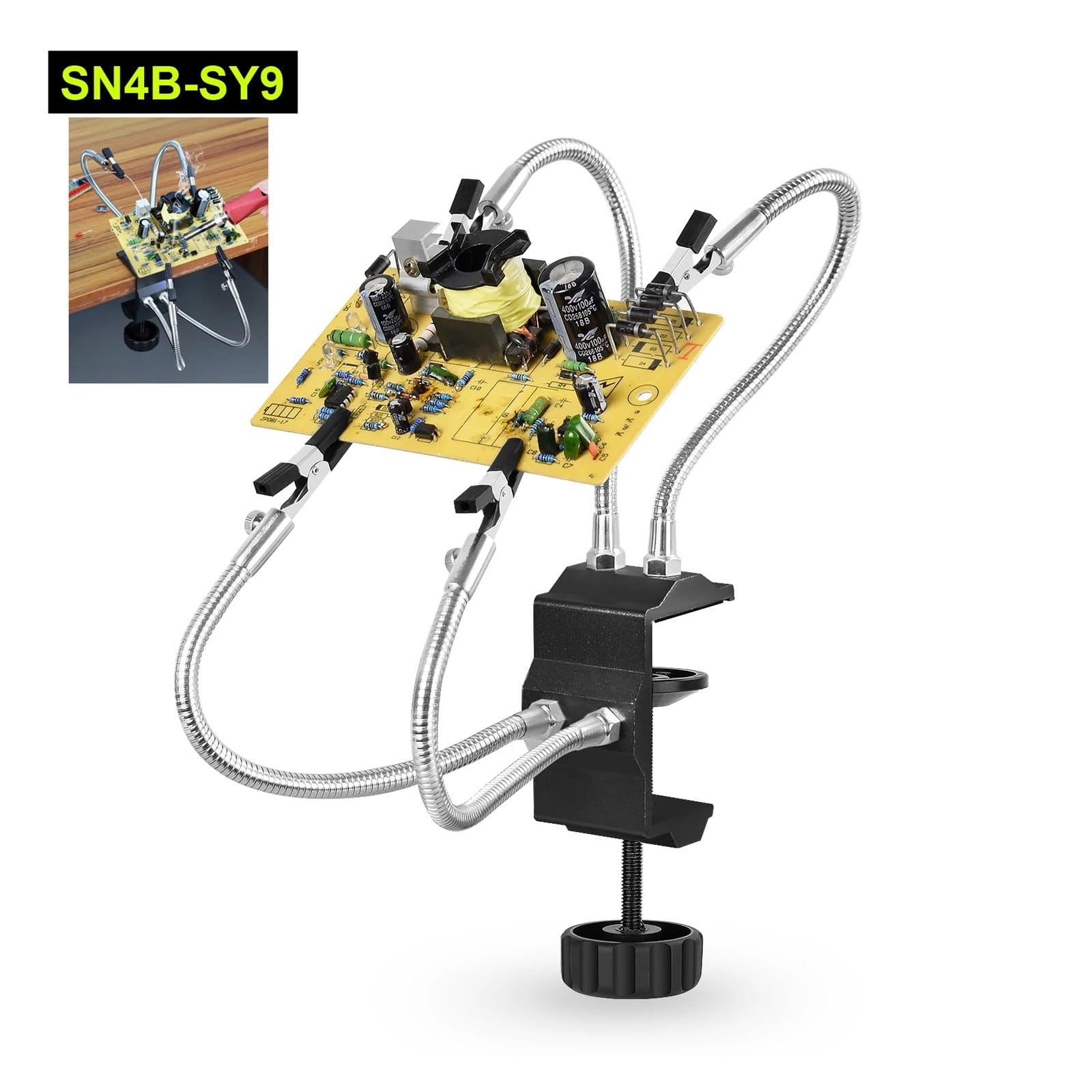 Ausilio per Saldatura a Terza Mano, Stazione di Saldatura Helping Hands a 4 Bracci con Lente d'Ingrandimento e Luce, Base in Alluminio, Multicolore(Sn4b-sy9)