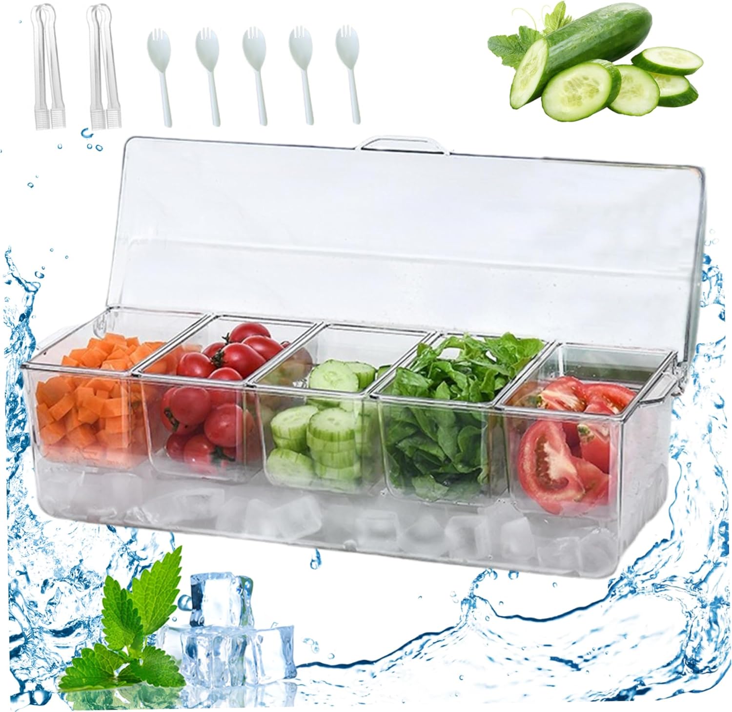 Chilled Condiment Server with Lid, Safe Condiment Caddy with 5 Removable Compartments on Ice, Clear Chilled Serving Tray with Handle for Fruit, Snack, Sauce, Salad