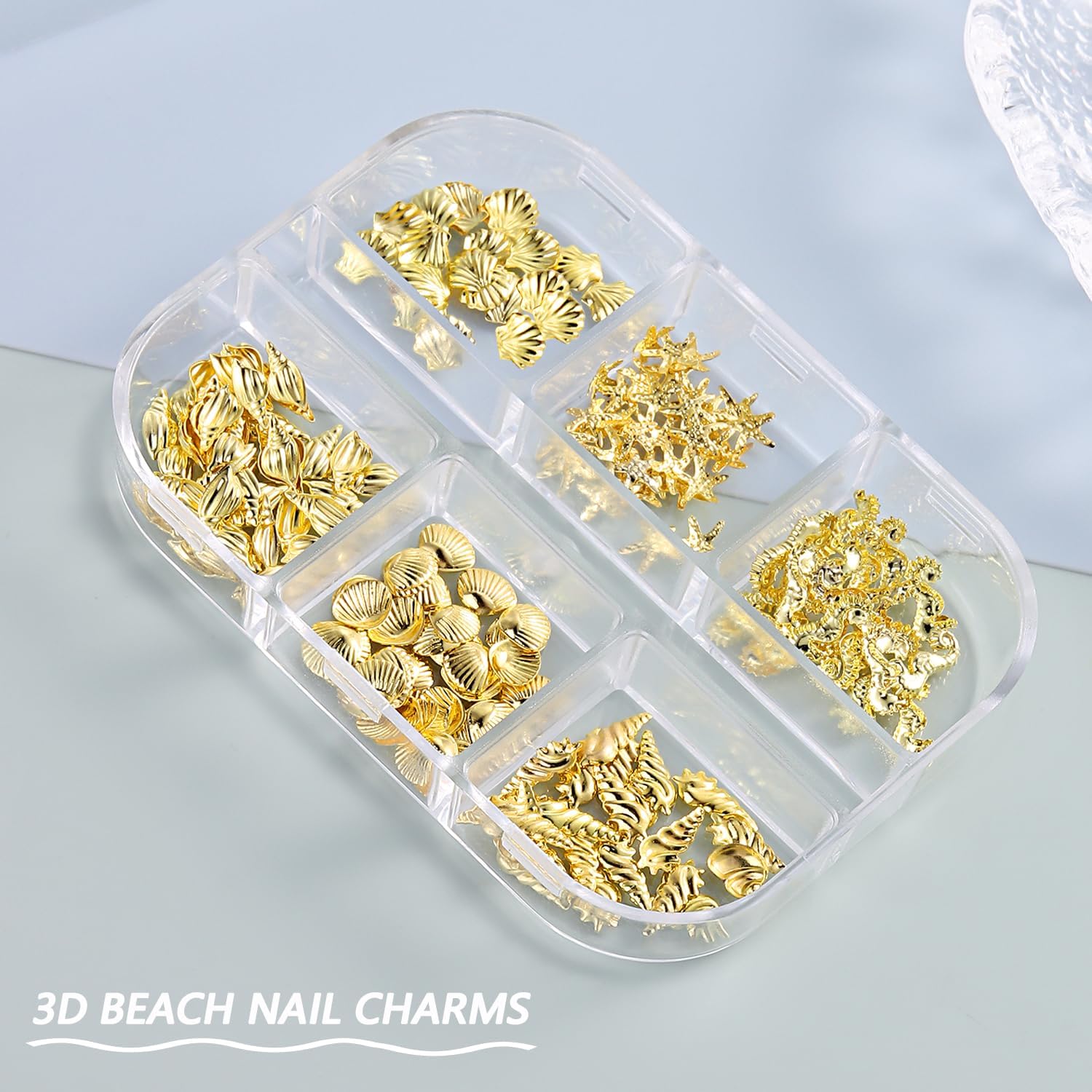 6 Compartiments Breloques De Nail Art En Forme Coquillage D'Été, Bijoux Ongles Nail Art Thème Océan, Breloques Ongles, Coquillage Decoration Pour DIY Décoration De Cartes Et Coques