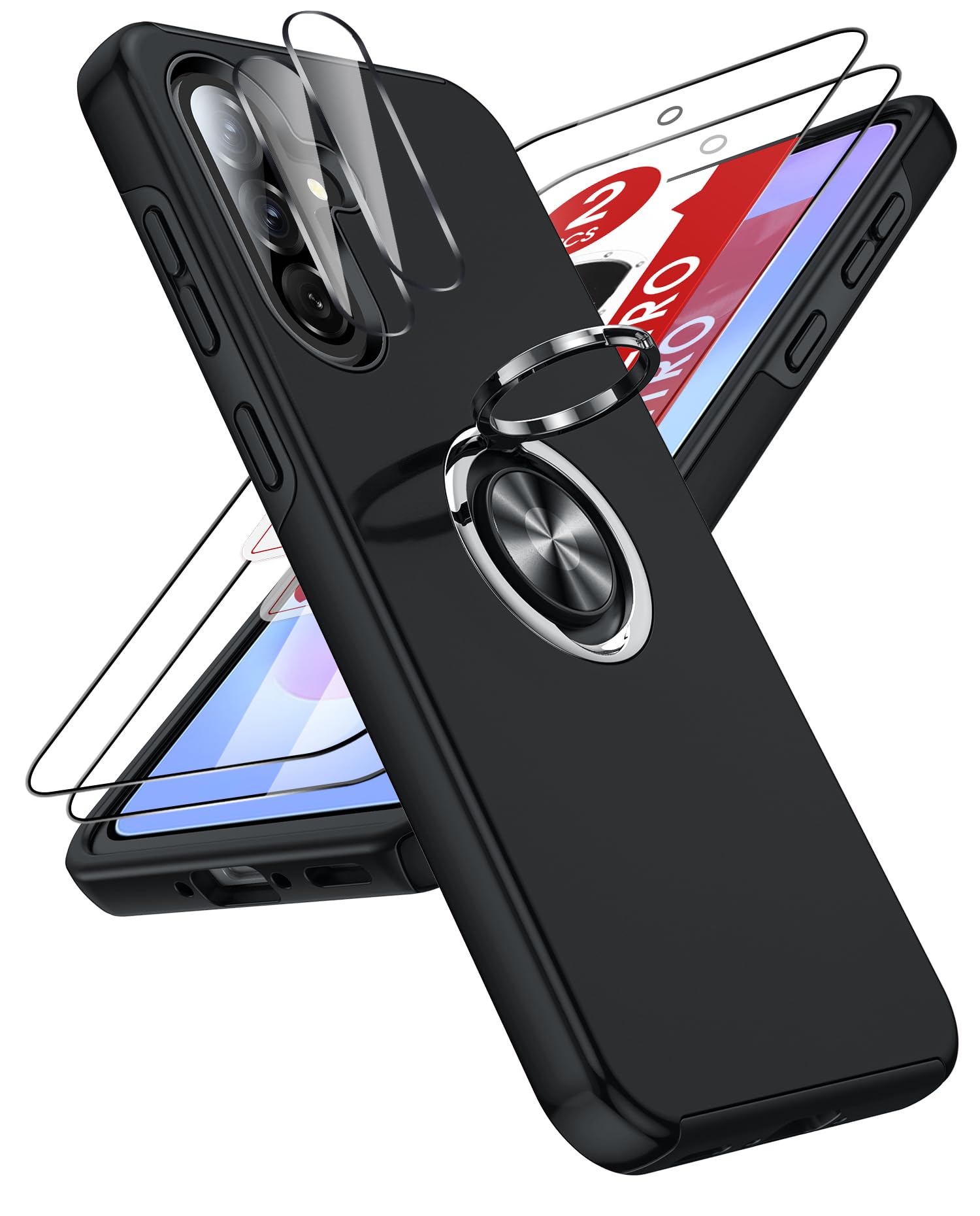 LeYi Cover per Samsung A57/A 57 con 2 Vetri Temperati - Custodia TPU+PC con Anello Girevole 360°, Protezione Militare Antiscivolo per Galaxy A57/A 57, Nero