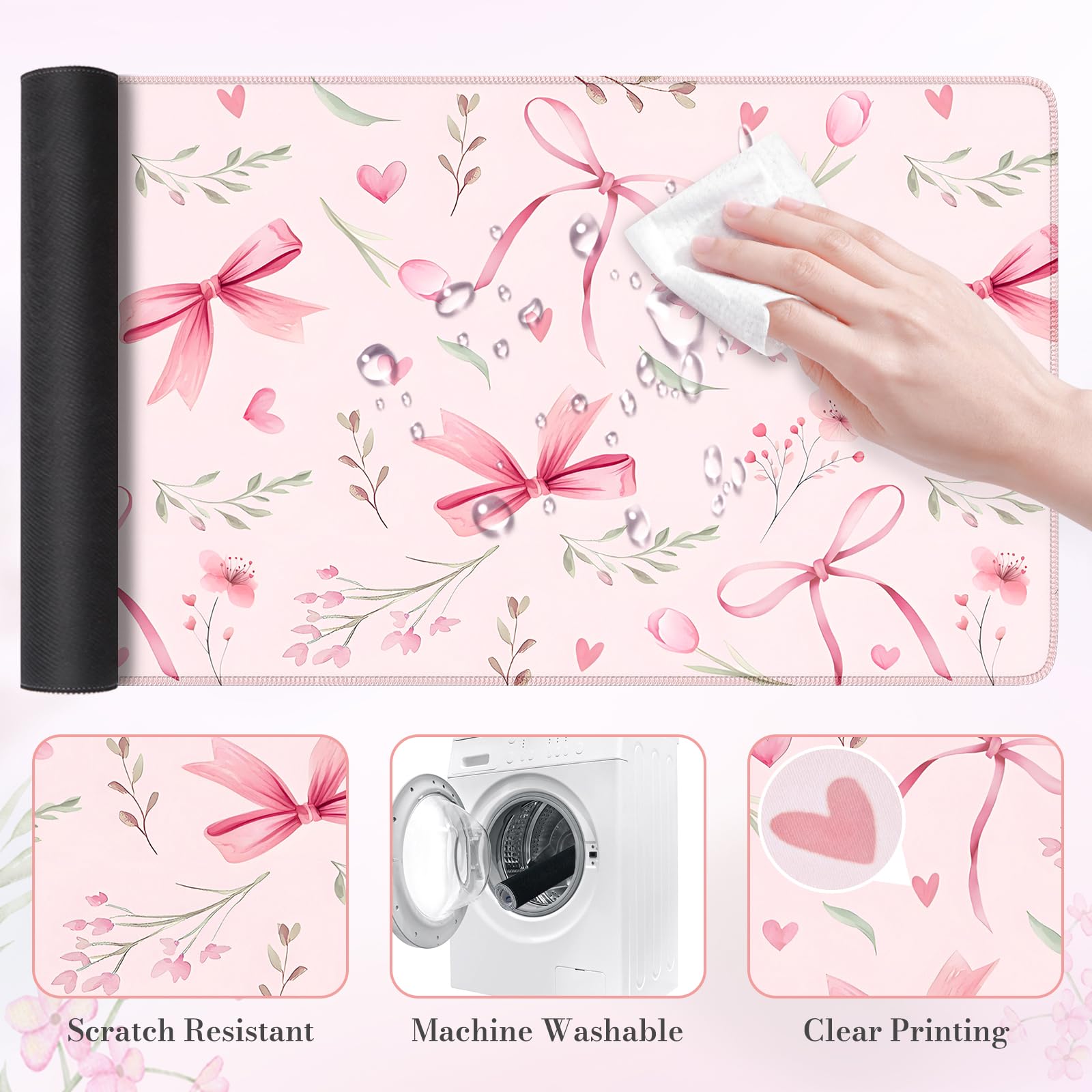 HAOCOO Cute Floral Desk Mat, Large Waterproof Mouse Pad, Girly Desk Matt for Desktop, 35.4" x 15.7" Non-Slip Keyboard Pad, Computer Mat with Stitched Edge, Office Decor Home Desk Accessories (): Pink Bow