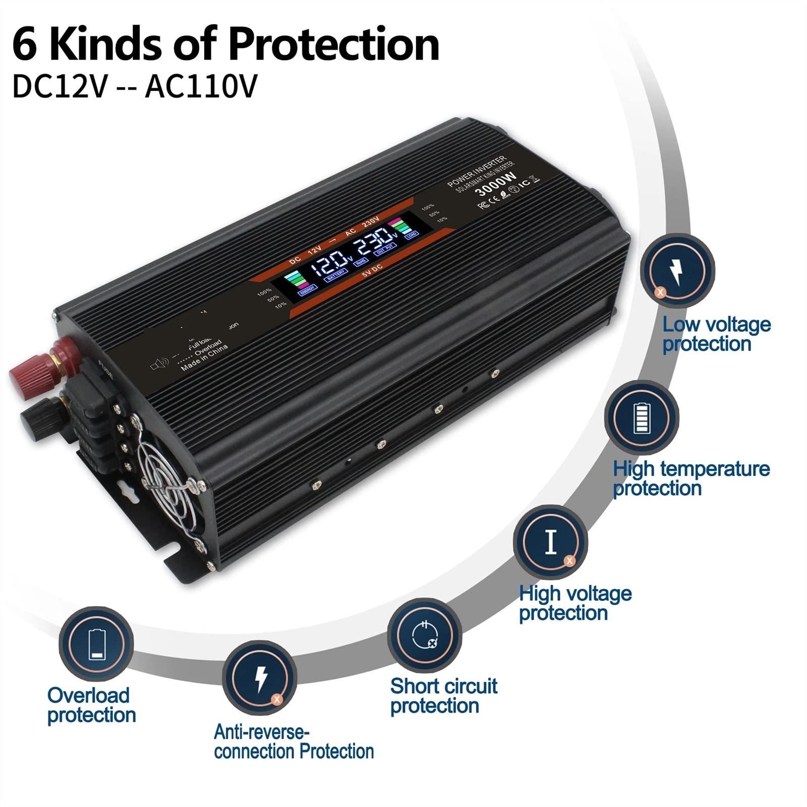 Inverter a onda sinusoidale pura LCD 3000W Car Inverter DC 12V/24V a AC 220 230 Display di tensione Convertitore di energia solare Doppio fusibile sostituibile(12V Black)