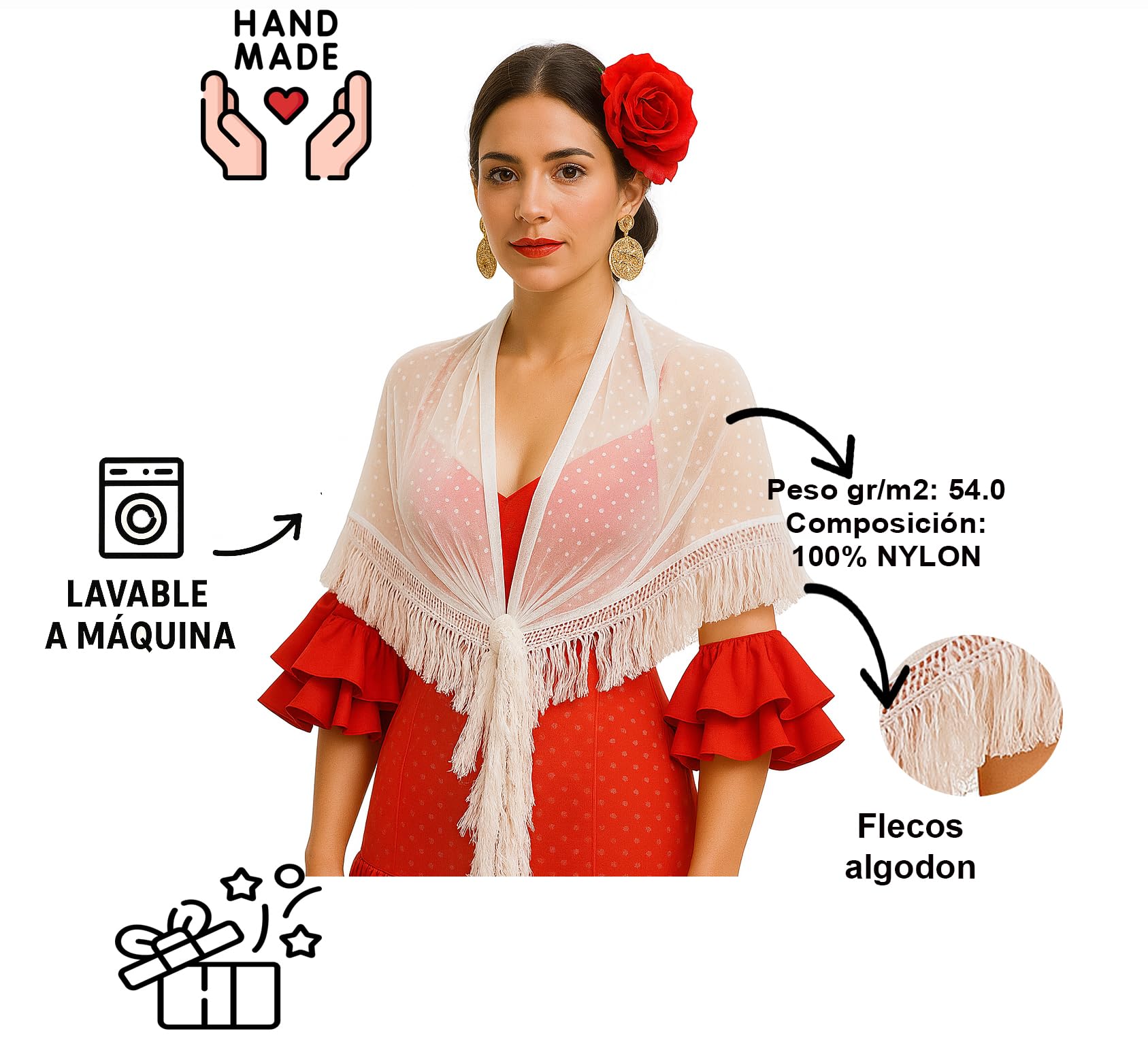 Châle Flamenco pour Femme Plumeti - Semi-transparent Noir ou Blanc - Franges en Coton 10 cm - 150x75 cm - Lavable en Machine - Style Sévillane élégant, idéal pour danse, fêtes ou spectacles.
