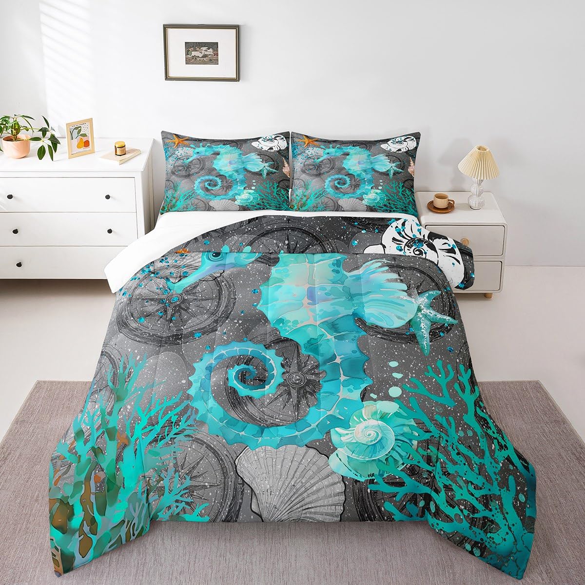 jejeloiu Seahorse Bedding Set Boys Ocean Comforter Set for Kids Teens Soft Creature Themed Comforter Nautical Themed Green Grey Duvet Set Room Decor