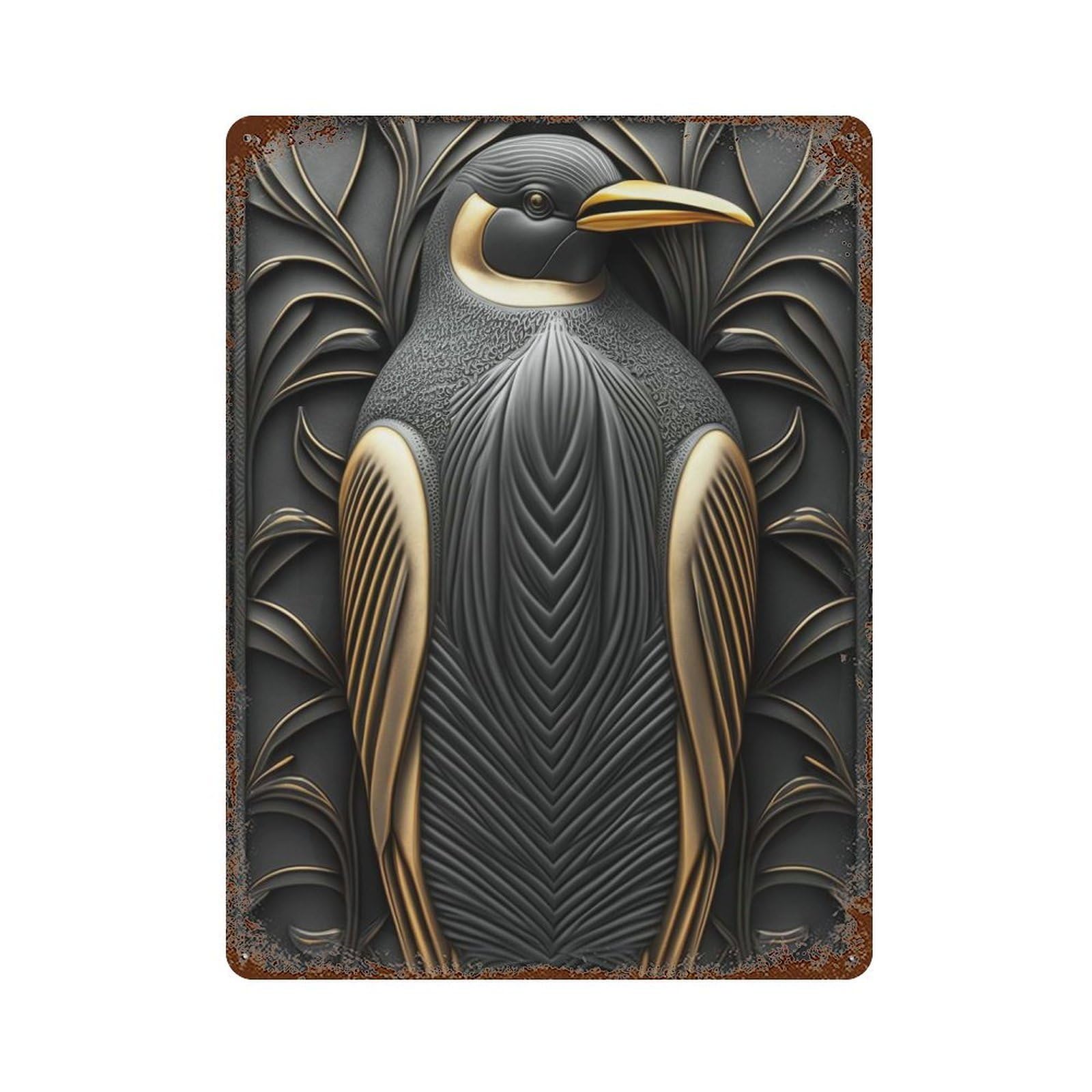 Penguin Gold Relief Deco 15.7"x11.8" Distressed Metal Wall Sign, Shabby Chic Decor for Shed, Workshop And Garage Wall Decor