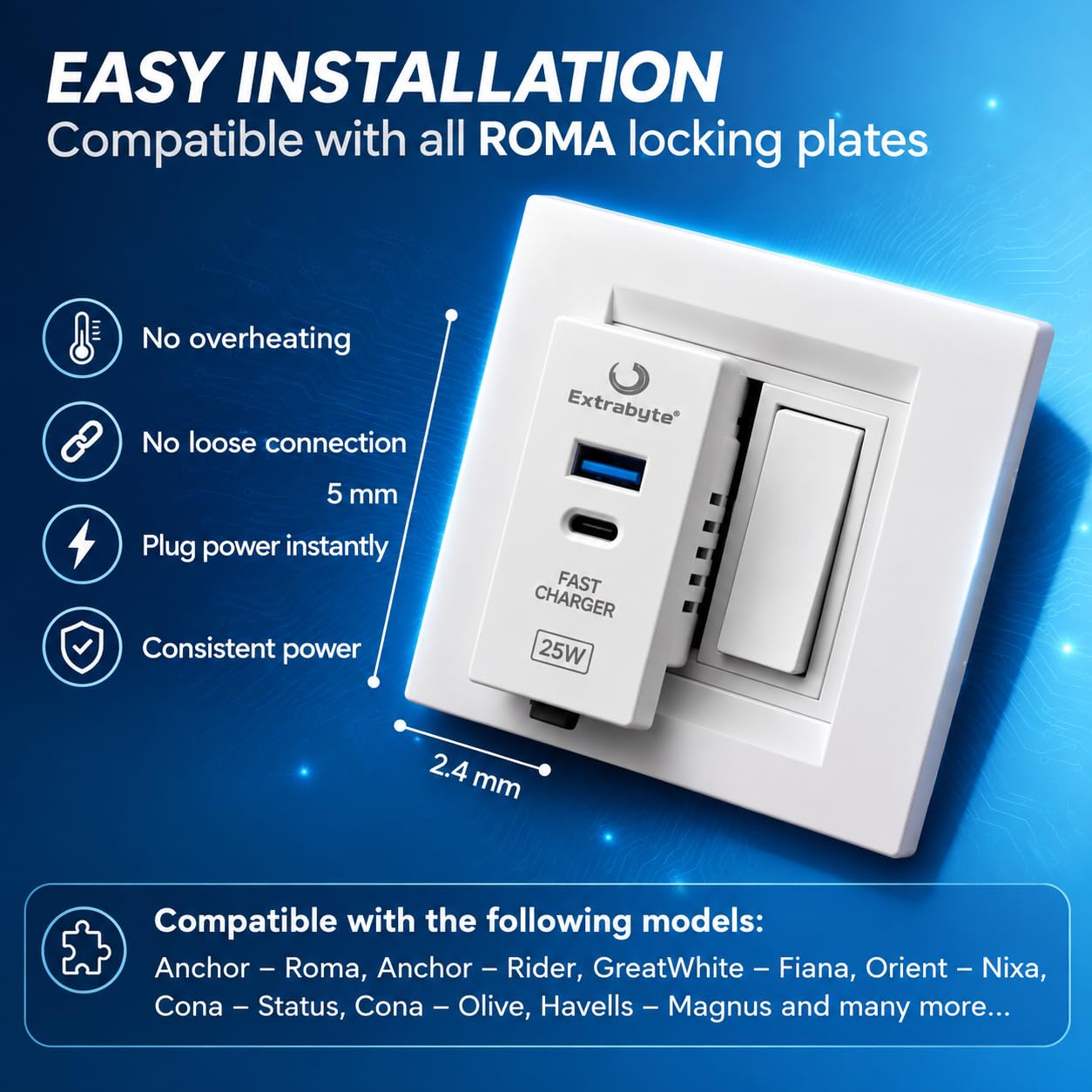 25W USB Fast Charger Socket for Modular Switch Board, USB & Type C Adapter Compatible with iPhone & Android, White — Amazon image 4