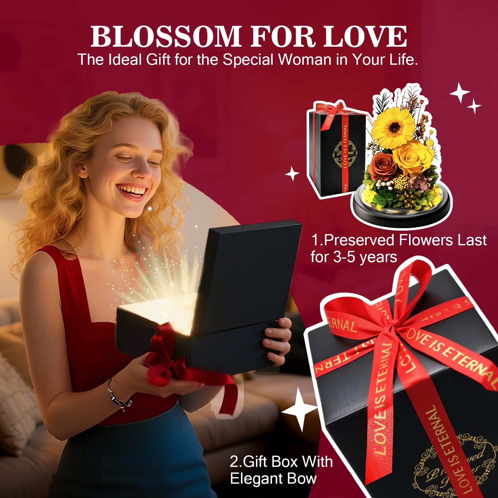 Touloube Gerbera y Rosa Eterna Preservadas en Cúpula de Cristal con Luz LED | Regalo de Día de la Madre para Mamá, Perfecta Regalo Girasol para Mujeres, Novia y Esposa | Flores Preservadas