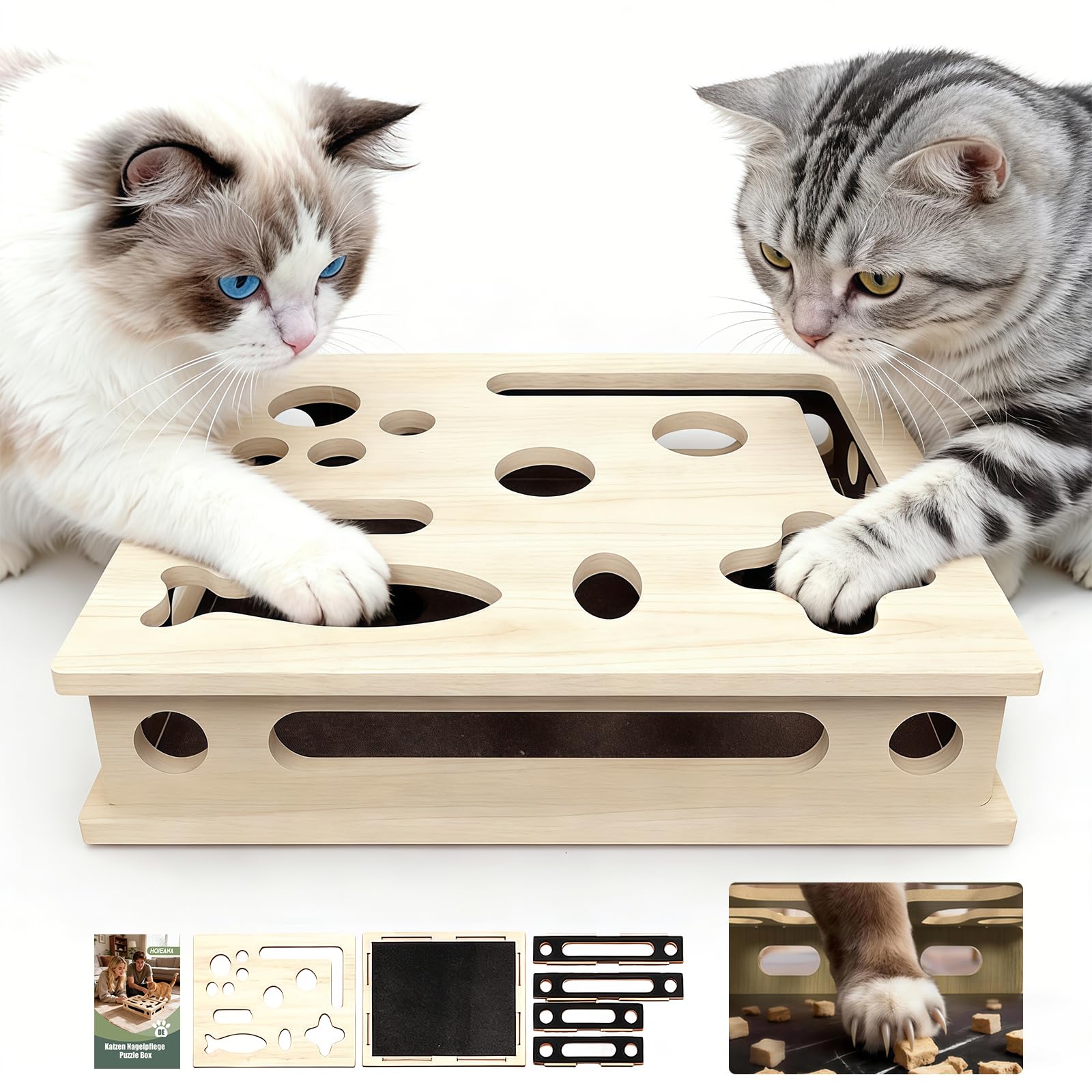 HOJEANA 2-in-1 Kratzpuzzle mit Sandpapier, Interaktive Nagelfeilen-Box zur stressfreien Krallenpflege für Wohnungskatzen, Katzenspielzeug gegen Langeweile & Kratzbrett-Ersatz