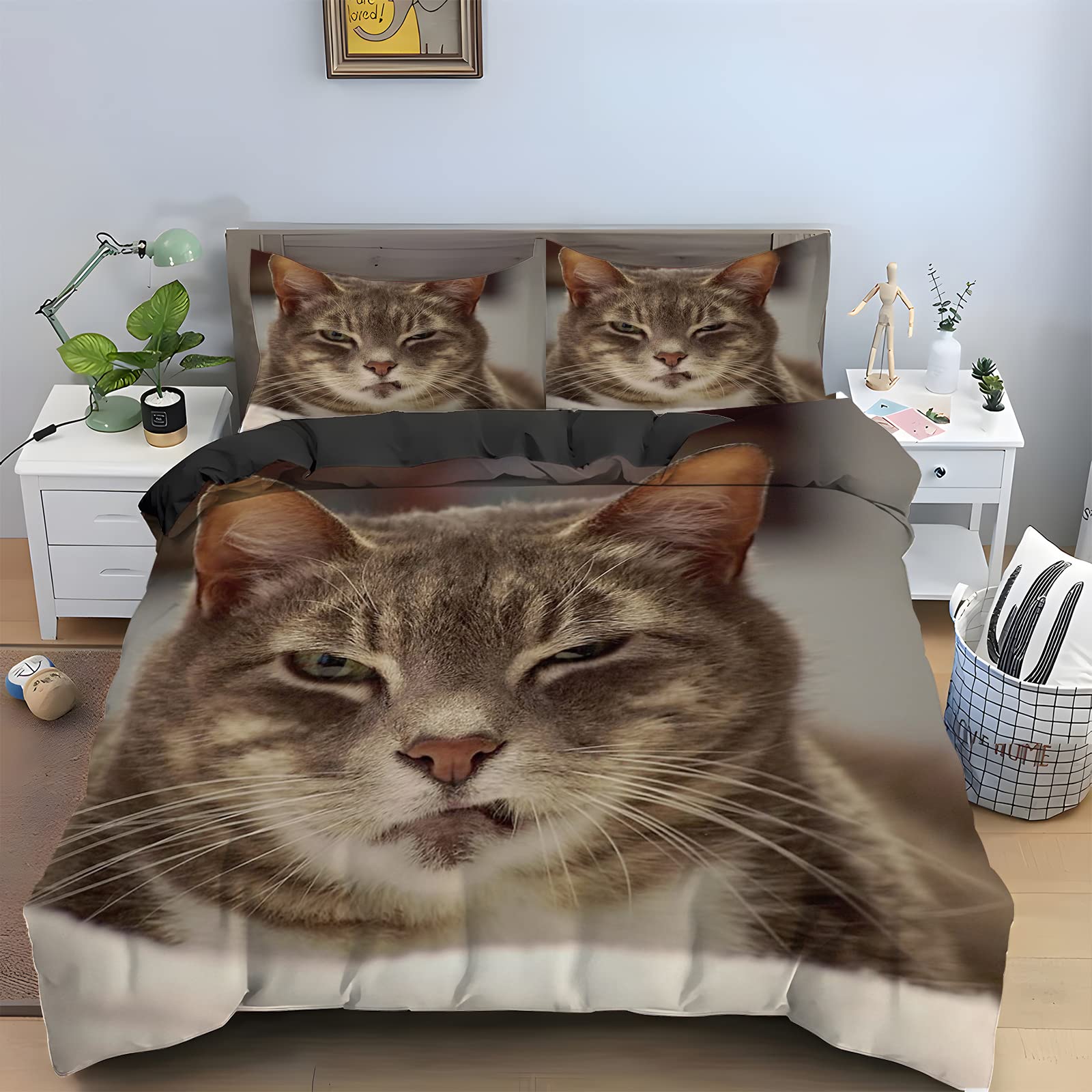 Szare zwierzęta zestawy pościeli King Size - krótki kot z nadrukiem wzór poszwa na kołdrę + 2 poszewki na poduszki 48 x 74 cm, 110 g mikrofibra nadająca się do prania, hipoalergiczna z zapięciem na zamek błyskawiczny