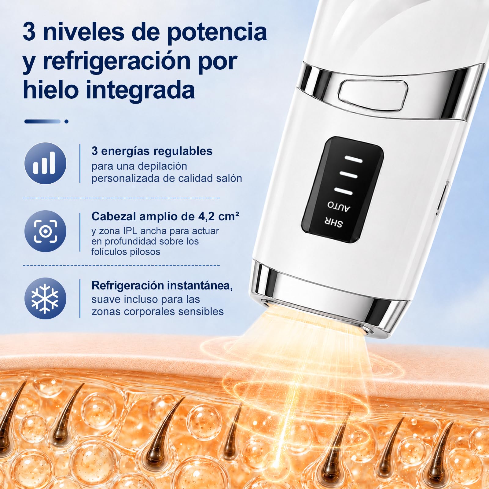 Depiladora Laser con Función de Refrigeración, Depiladora Luz Pulsada con 5 Niveles de Energía, para Mujer y Hombre, Bikini, Axilas, Cara