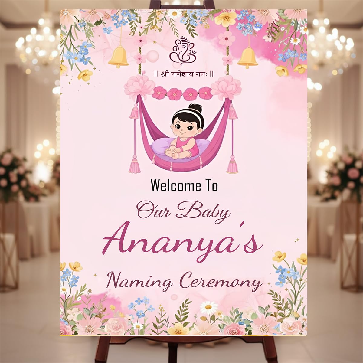 Party Perfect Designs Customized Naming Ceremony Welcome Board with Photo & Name - Various Floral, Traditional & Cartoon Designs - Custom Baby Naming Ceremony Sign (Multiple Sizes & Colors, 3mm/5mm Sunboard) (Pastel Pink)-image-12