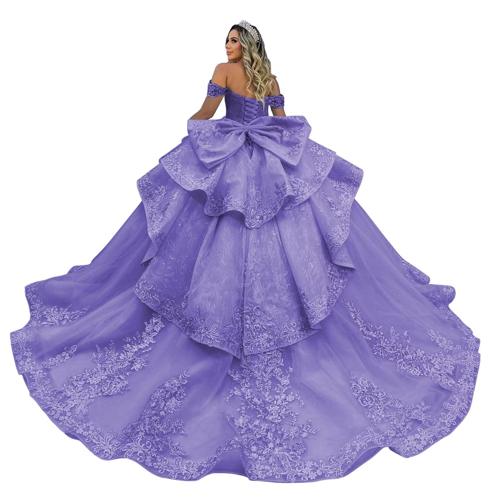 Zhangyo Off Shoulder Quinceanera Dresses Luxury Tiered Tulle Sweet 15 16 Dresses with Bow Sparkly Lace Beaded Ball Gown