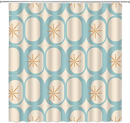 Cortina de ducha moderna de mediados de siglo, color verde azulado, retro, abstracta, geométrica, redonda, cuadrados, atómico, vintage, bohemio,