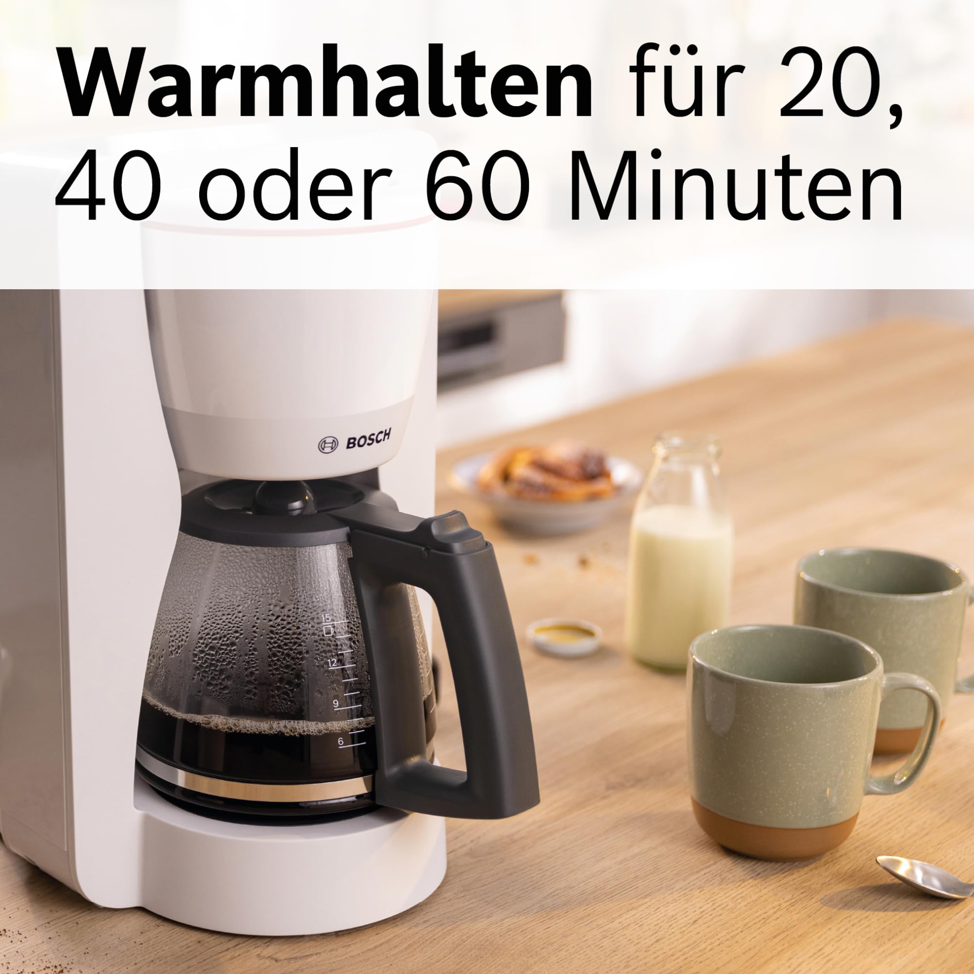 Bosch MyMoment TKA3M131 przelewowy ekspres do kawy, szklany dzbanek 1,25 l, na 10-15 filiżanek, funkcja utrzymywania ciepła 60 min, blokada kapania, obrotowy uchwyt filtrujący, program odkamieniania,