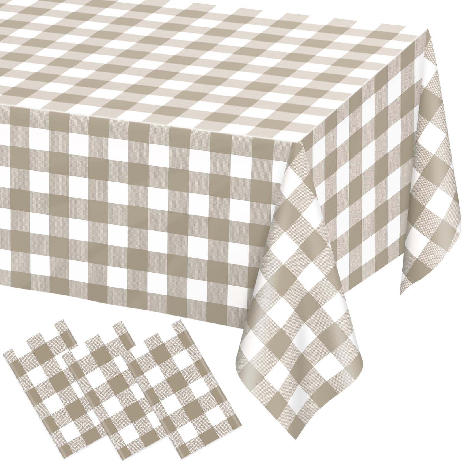 WNINK 3 Pack Brown Checkered Rectangular Plastic Tablecloths, Brown and White Gingham Waterproof Disposable Table Covers 54" x 108" for Birthday, Baby Shower, Wedding, Outdoor Picnic Parties
