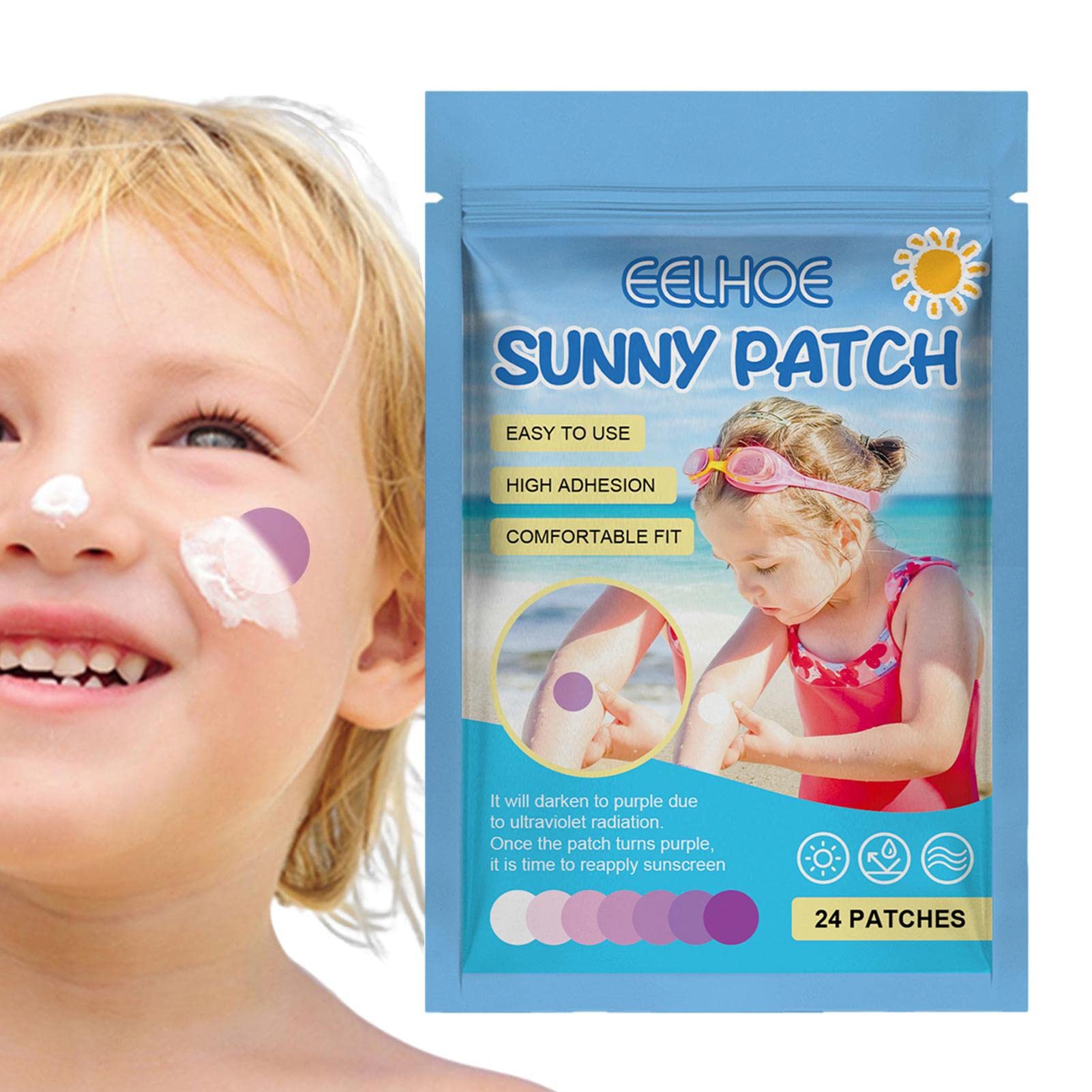 Waterproof UV Sun Stickers | Sun Patches For Face, UV Patches for Sunscreen | 24 Count Sunscreen Reminder Stickers for Kids Adults, Works With Spray Sunscreen & Sunscreen Applicator