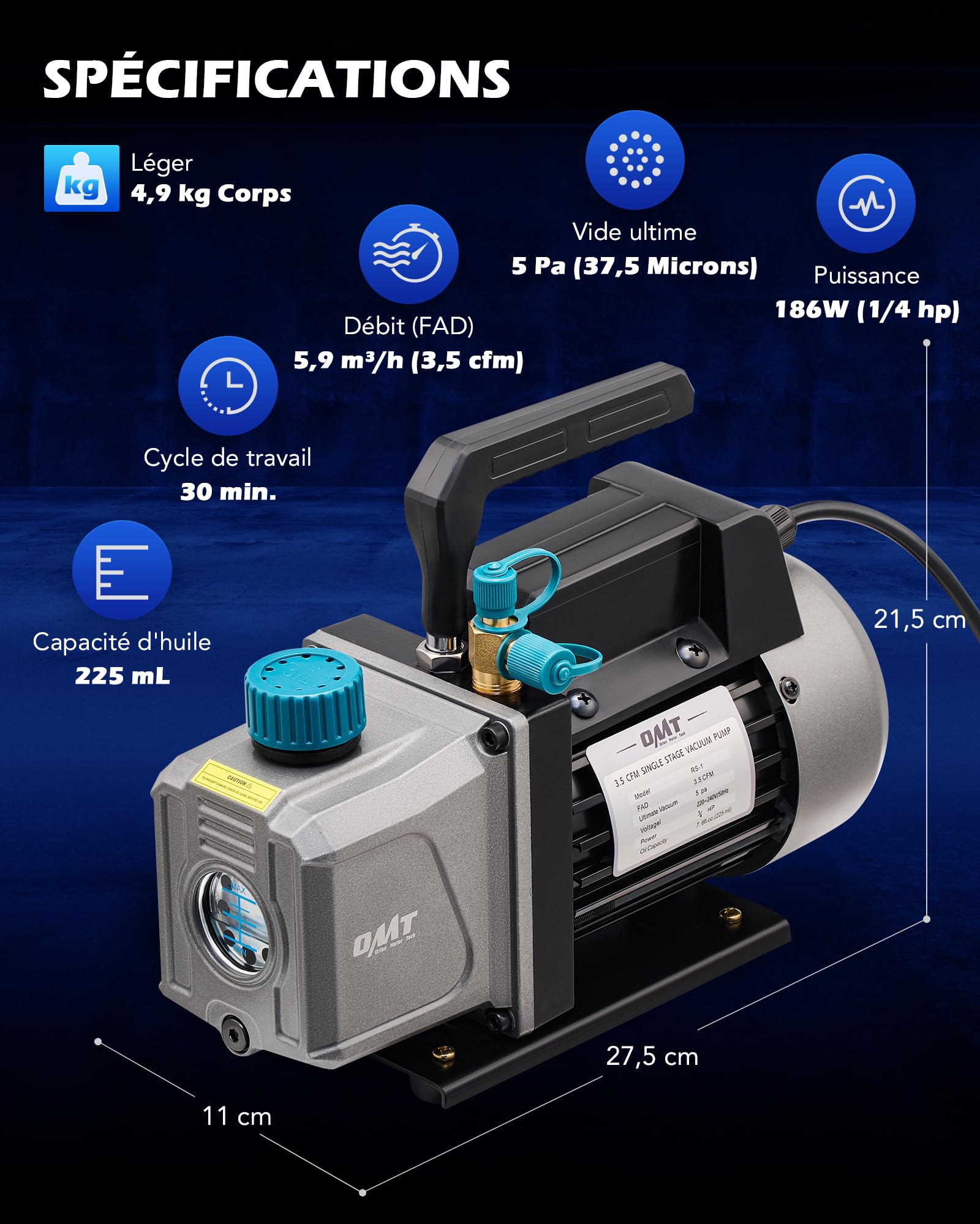 Orion Motor Tech Pompe à Vide Climatisation 186W 100 L/Min Pompe à Vide Frigoriste Kit de Recharge Climatisation Voiture avec Tuyau Jauge Adaptateurs pour Systèmes Auto HVAC R134a R12 R22 R502