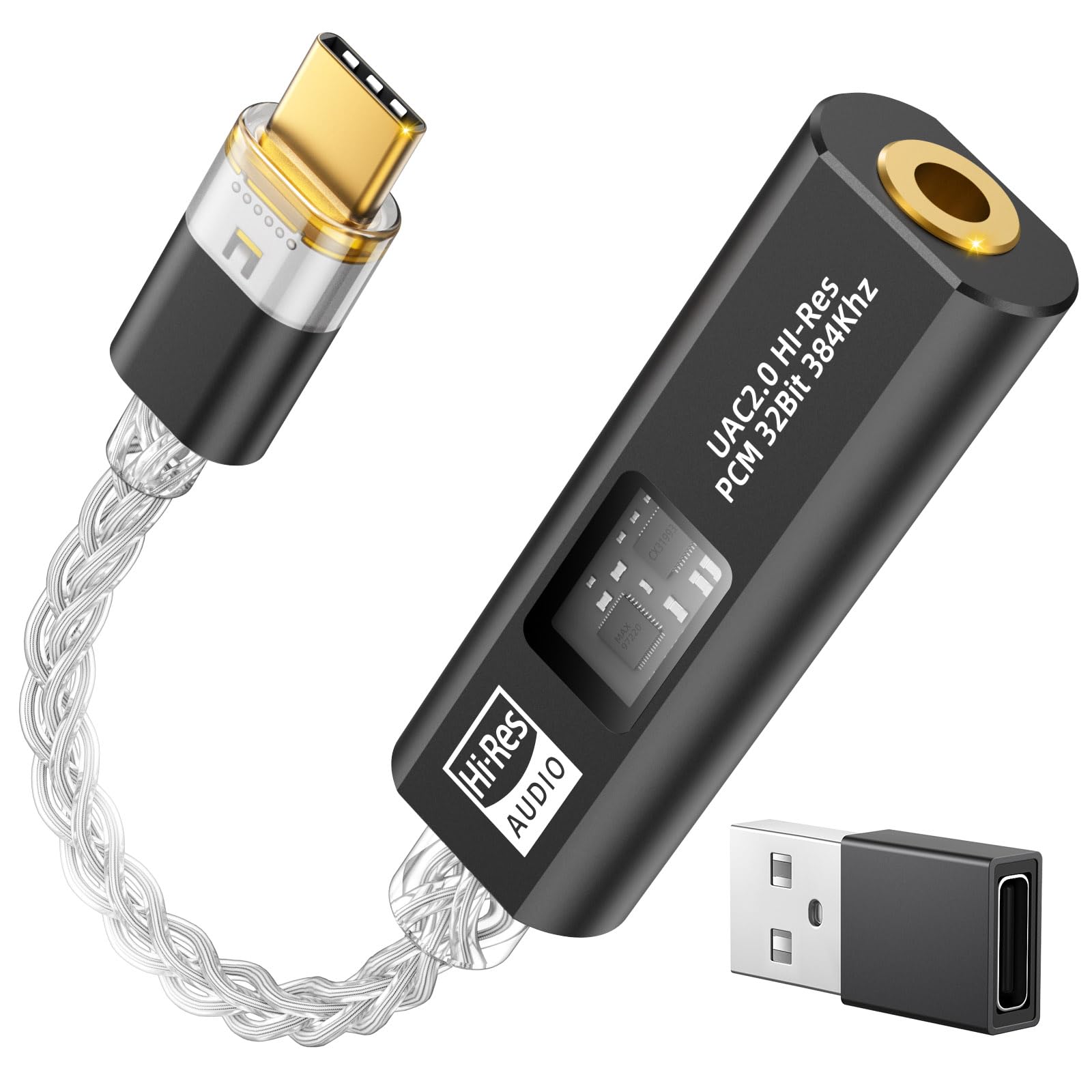 MoKo Adattatore Audio USB C a 3,5mm, Doppio Chip DAC HiFi CX31993 & MAX97220, 32bit/384KHz Tipo C a Jack Cuffie AUX per iPhone 17/16, iPad, Galaxy S26/S25, Pixel, Nero