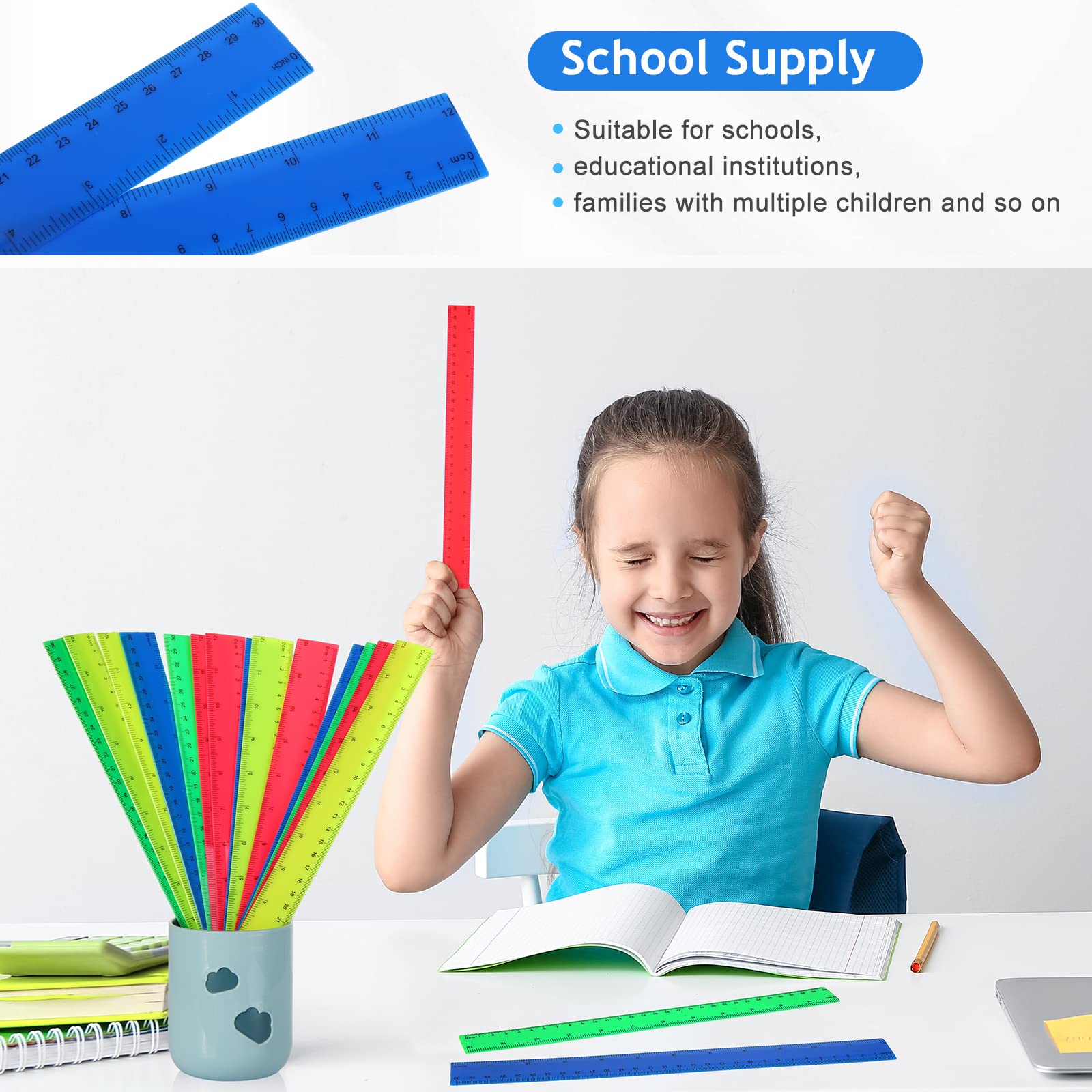 Zonon Kunststoff-Lineal, 30,5 cm, verschiedene Farben, Lineale mit Zentimetern, Millimeter und Zoll, bruchsicher, gerade Kante, Großpackung für Klassenzimmer, Schule, Zuhause, Büro, Kinder