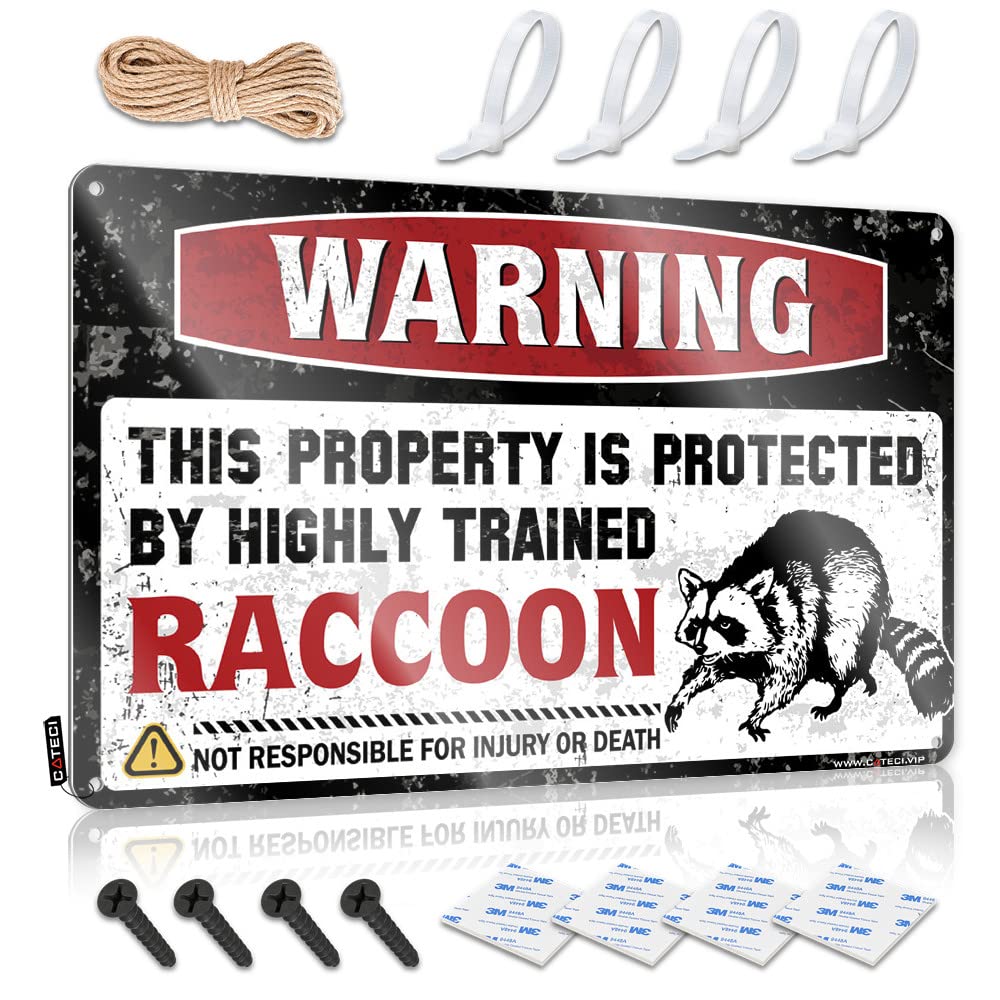 IBWNBBUSN Funny Vintage Metal Sign Warning This Property Is Protected By A Highly Trained Raccoon Tin Sign Small Metal Tin Vintage Metal Signs Funny(20X30CM)
