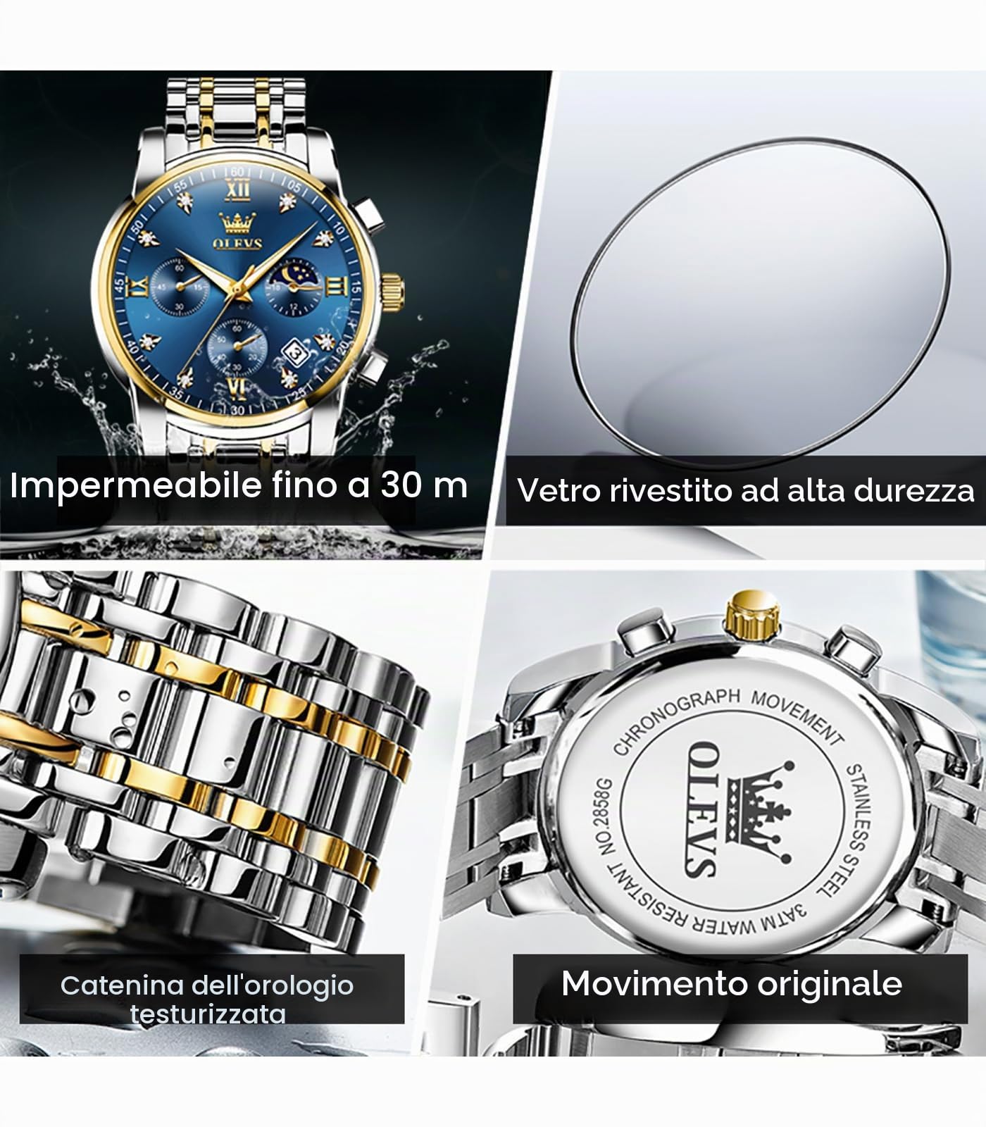 OLEVS Male Wrist Watches, Analog Quartz Business Stainless Steel Waterproof Luminous Watches Luxury Casual Big Diamond Dial Date Multi-Function Chronograph Watches for Man…