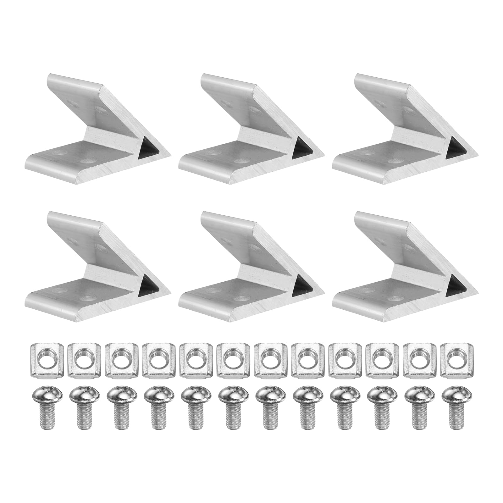 sourcing map 6Set 45 Degree Angle Corner Brackets, 2040 Series Aluminum Extrusion Profile Accessories, Corner Brace Joint Connectors with Mounting Screws and Nuts, Silver, 60mm x 60mm x 36mm