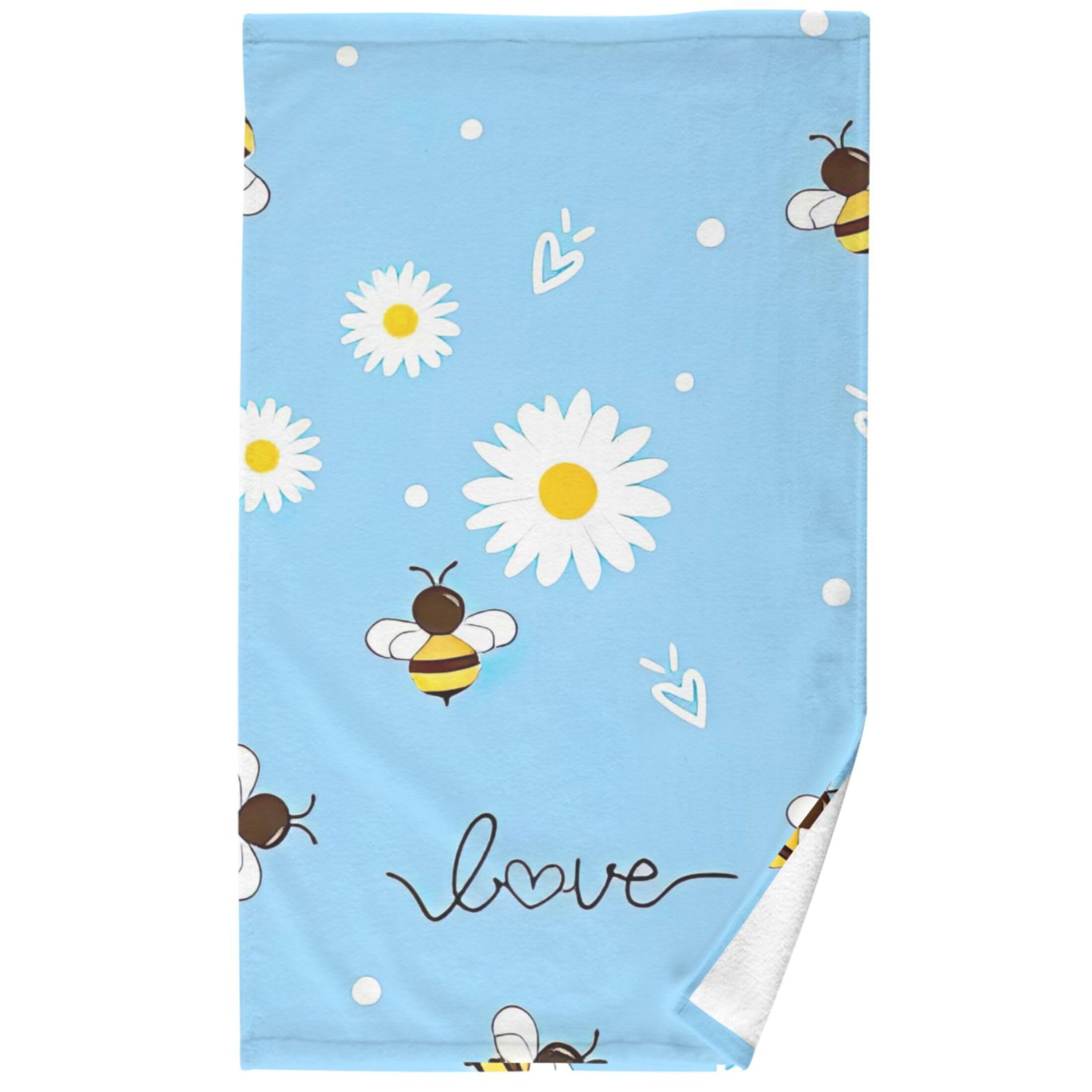 Bees Daisy Flower Blue Hand Towels for Bathroom 100% Cotton Absorbent Soft Fingertip Towel Fun Gym Towels Coastal Hand Towels Decorative, 16 x 18 Inch