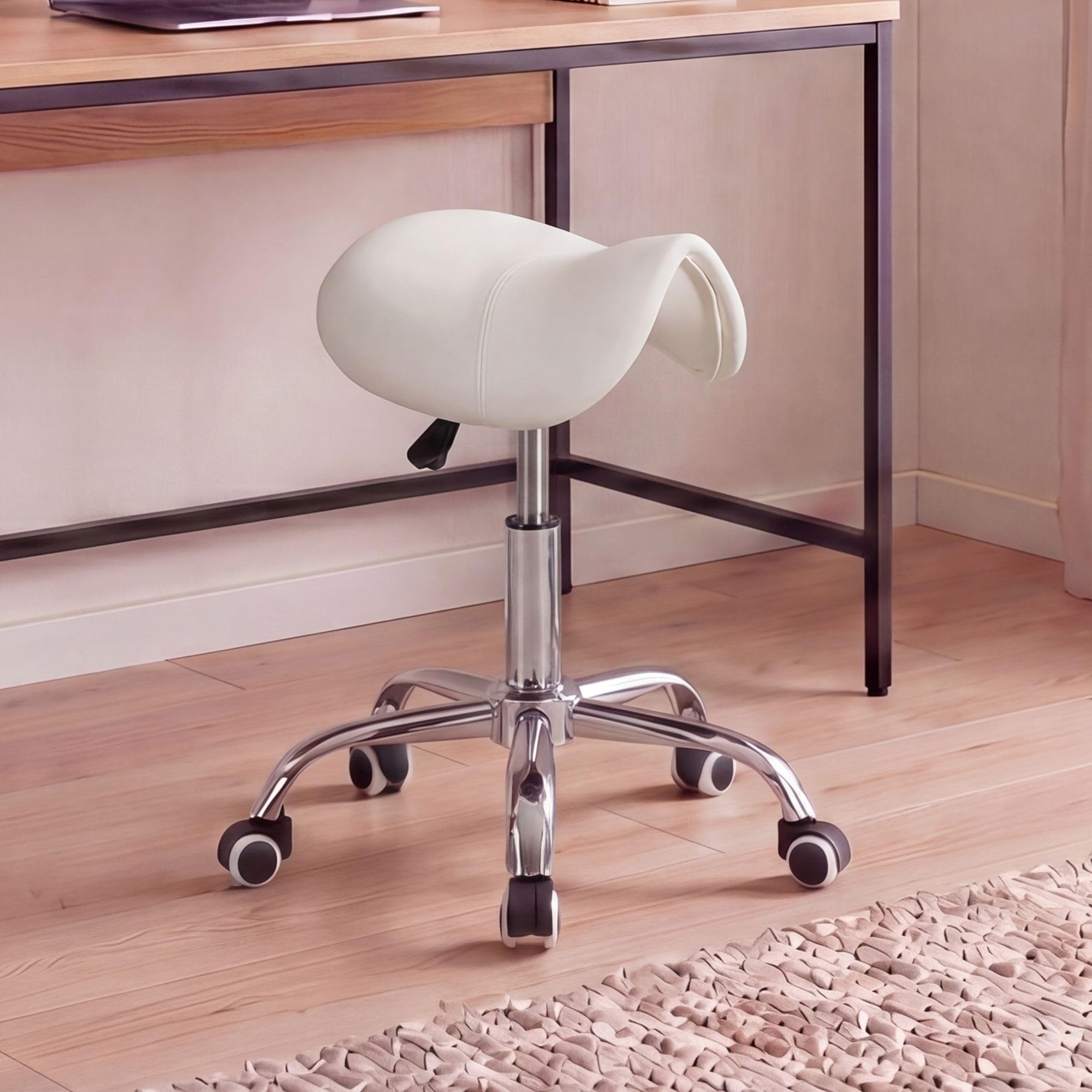 FineBuy Taburete de Silla de Montar con Ruedas de Imitación de Cuero Blanco | Taburete de Trabajo sin Respaldo | Taburete tapizado Ajustable en Altura