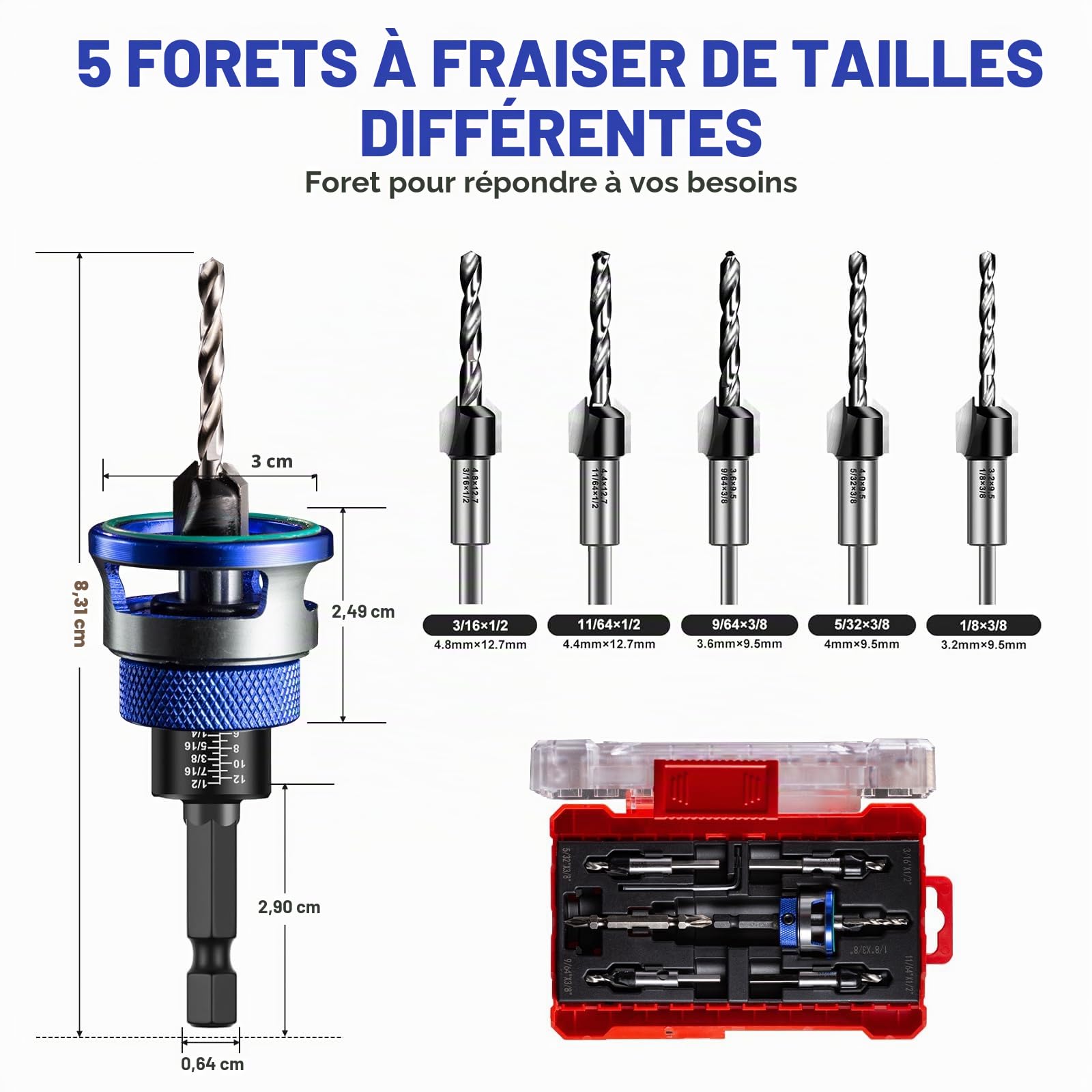 Forets à Bois 5 Pièces, HSS-M2, Tige Hexagonale 1/4" | Fraisés avec Butée de Profondeur et Embout Cruciforme, Trous Précis, pour Atelier, Travail du Bois (Bleu)