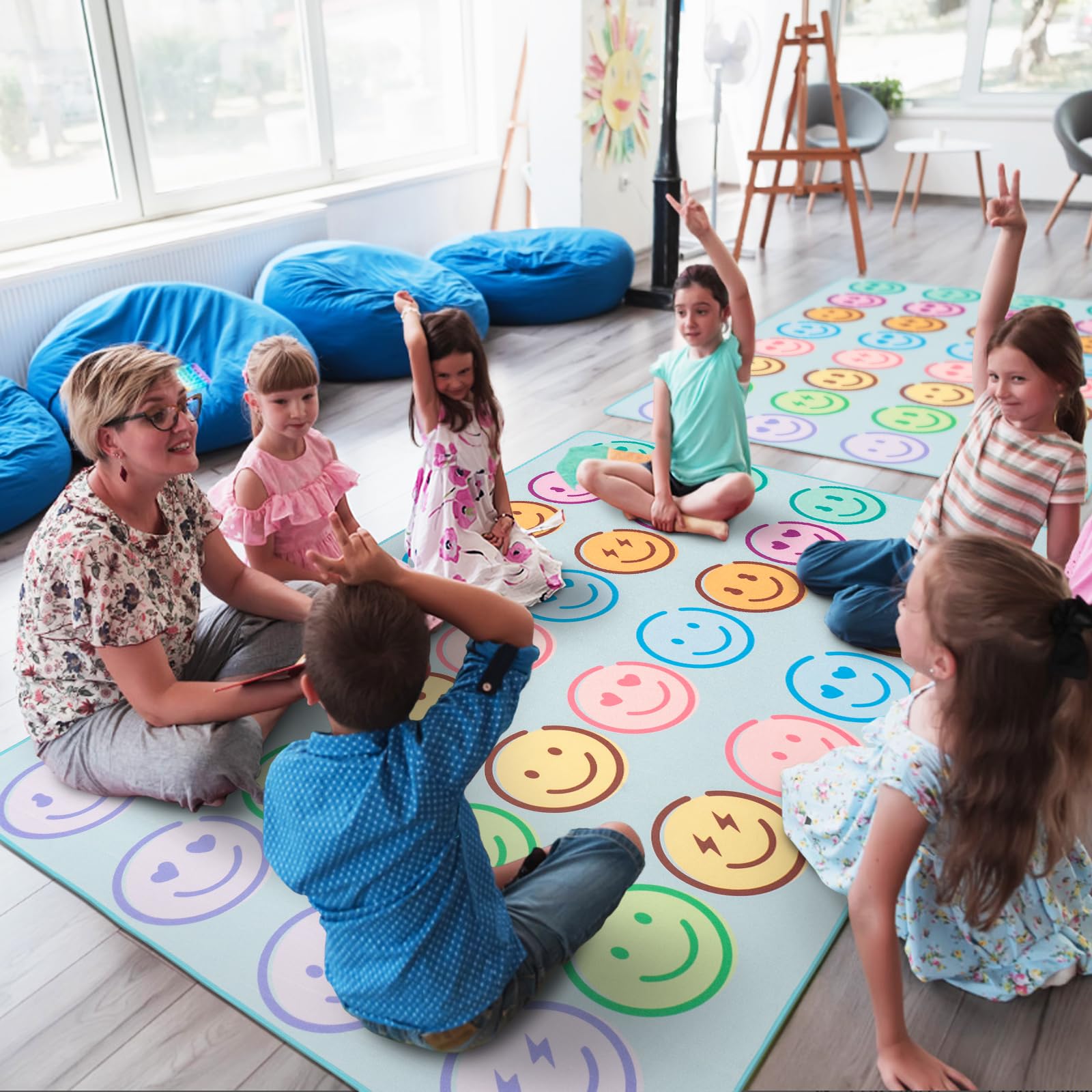 Tapis de salle de classe 1,5 x 2,1 m, motif smiley pastel, tapis éducatif | Tapis de jeu antidérapant lavable pour la maternelle, la garderie et la salle de classe primaire