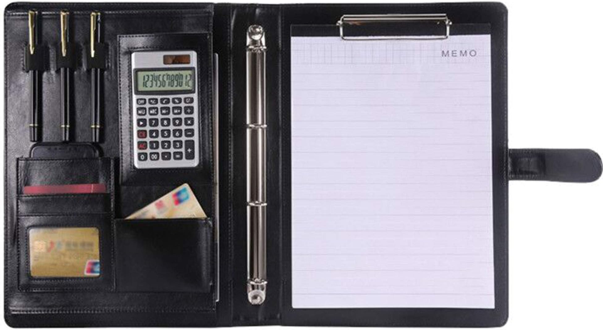 A4 Padfolio Clipboard & Ring Binder, PU Leather Conference Portfolio Folder with 12 Digit Calculator for Women Men, Magnetic Buckle 4 Ringbinder File Document Organizer with 3 Pen Slot Hold for Office