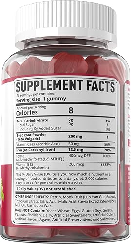 Miniatura 9 de Gomitas de raíz de remolacha con hierro, metilo B12, folato, vitamina C, fabricadas en Estados Unidos, aumenta los niveles de óxido nítrico y