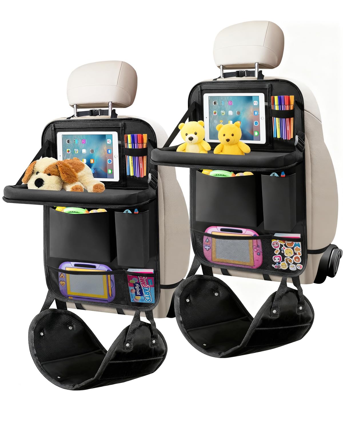 Backseat Car Organizer 4Pack with Table Tray Free Foot Hammock Car Seat Protector with Tablet Holder for Car, 7 Pockets Back Seat Organizer and Kick Mat for Kids Travel Accessories