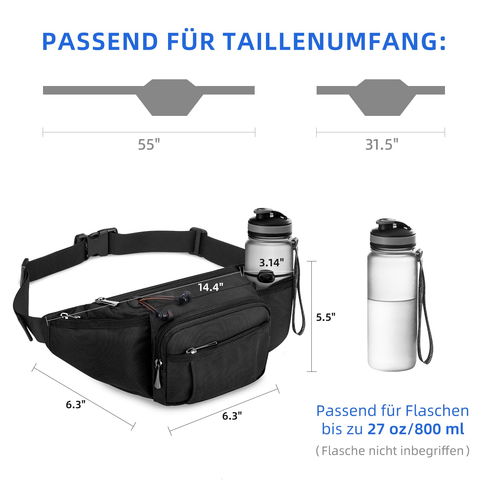 Bauchtasche für Herren und Damen, Gürteltasche mit Flaschenhalter Gurt Verstellt Hüfttasche mit 6 Reißverschlusstaschen für Wandern Hundespaziergänge Joggen Radfahren Reisen Laufen, Schwarz