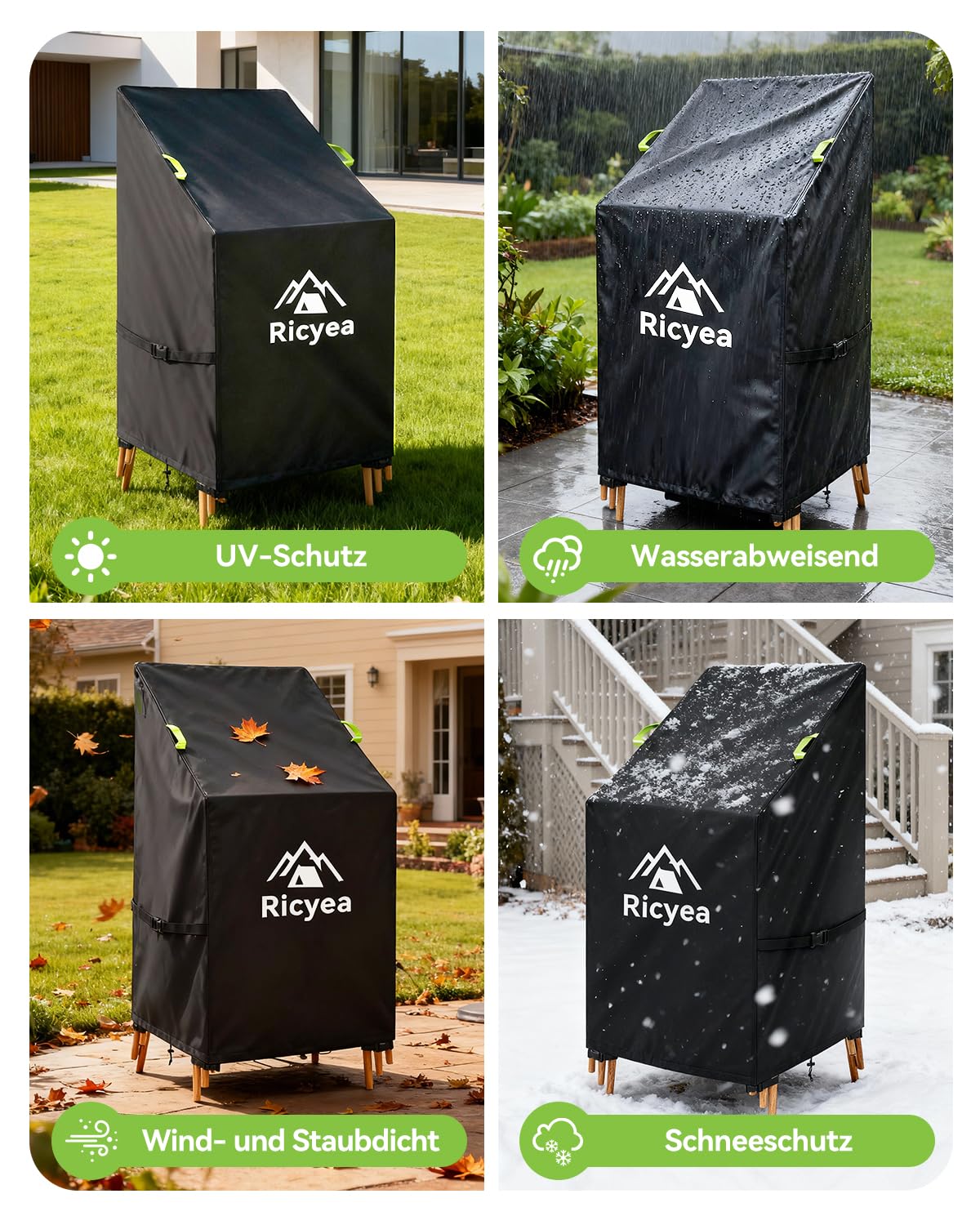 Gartenstuhl Abdeckung, 2er Schutzhülle für Gartenstühle Wasserdicht, Winterfest & UV-Beständig, 420D-Oxford Reißfeste Abdeckhaube für Stapelstühle mit Kordelzug & 4 Verschlussgurte, 70x70x80/120cm
