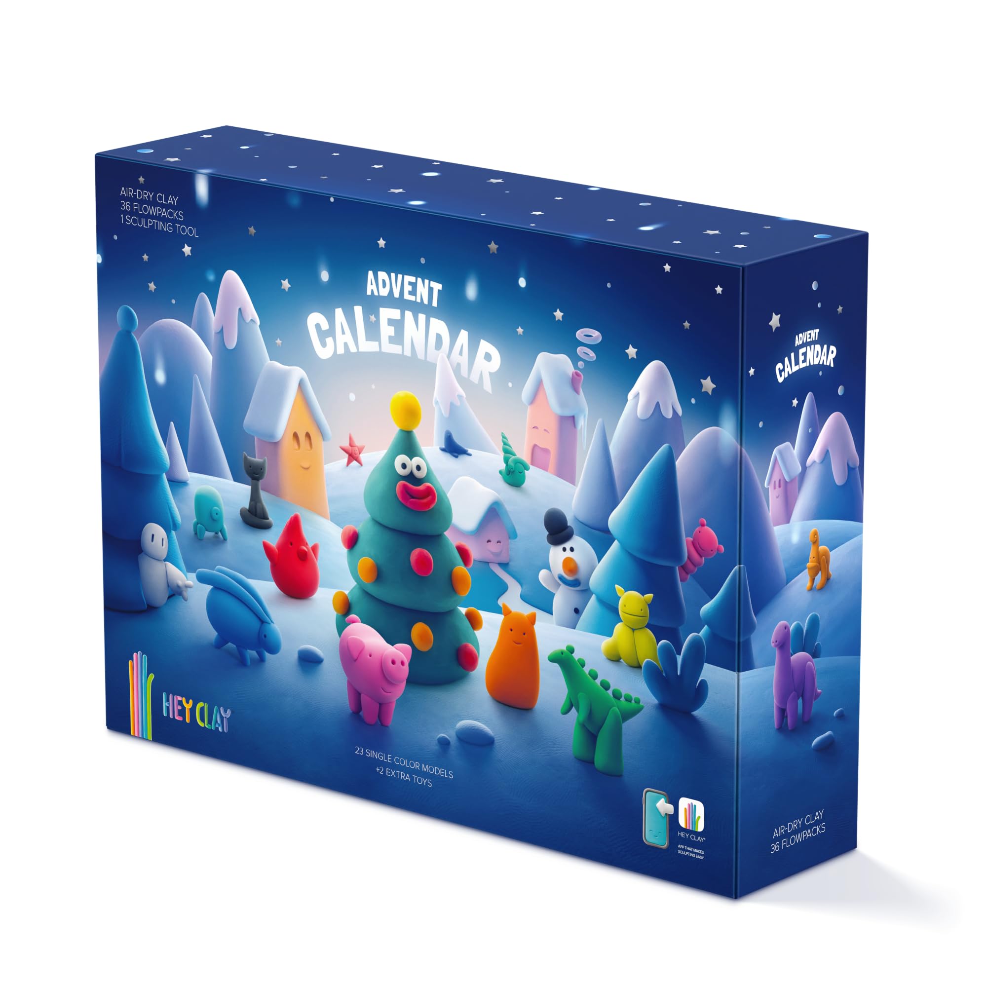 HEY CLAY Advent Calendar Winter Holidays - Colorful Modeling Air Dry Clay for Kids - Air Dry Clay Kit 36 Flowpacks with Fun Interactive App