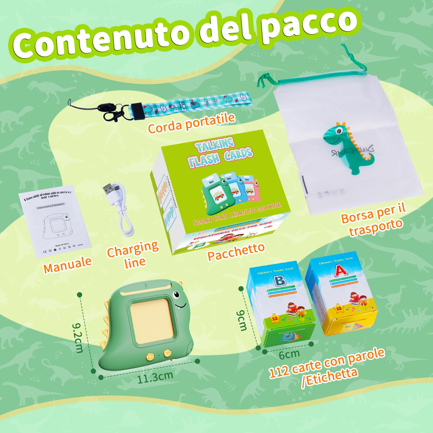 Flashcards Parlanti Giocattoli Montessori, Giocattoli Educativi per Bambini, 224 Parole 14 Temi, Autismo, Regalo di compleanno Regalo di Natale per Bambino (Verde Italiano)