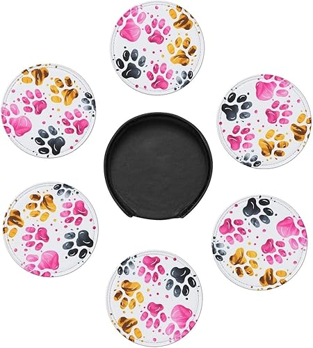 Miniatura 5 de Juego de 6 posavasos coloridos de cuero con estampado de patas de perro, protección contra derrames para mesa, bonitos posavasos para tazas,