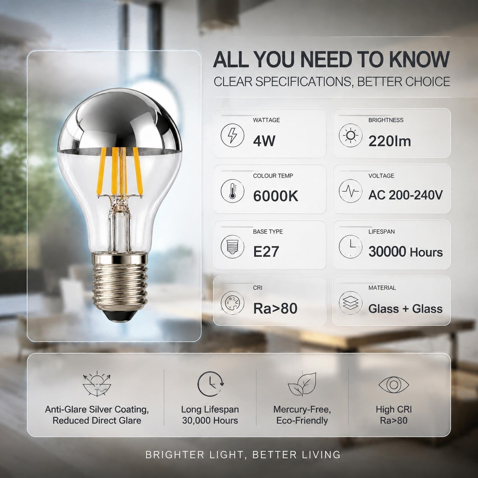 Bombilla Filamento LED E27, A60 4W 220lm, 6000K Luz Fría, No Regulable
