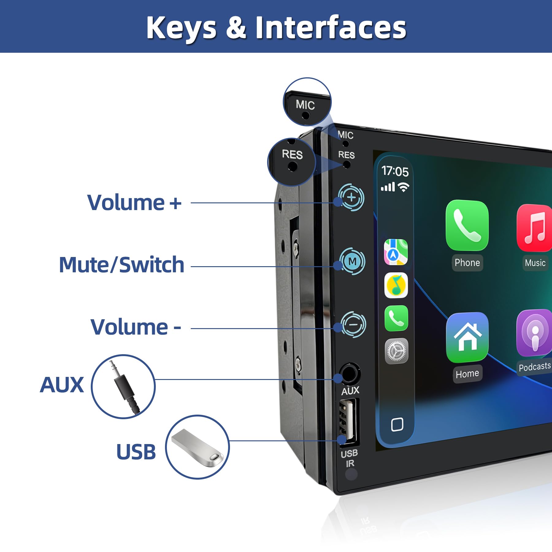 Radio Coche 2 DIN con Carplay y Android Auto por Cable - Pantalla Táctil de 7 Pulgadas con Cámara Trasera, Mirror Link, USB/AUX/FM, Apto para Vehículos de 12V