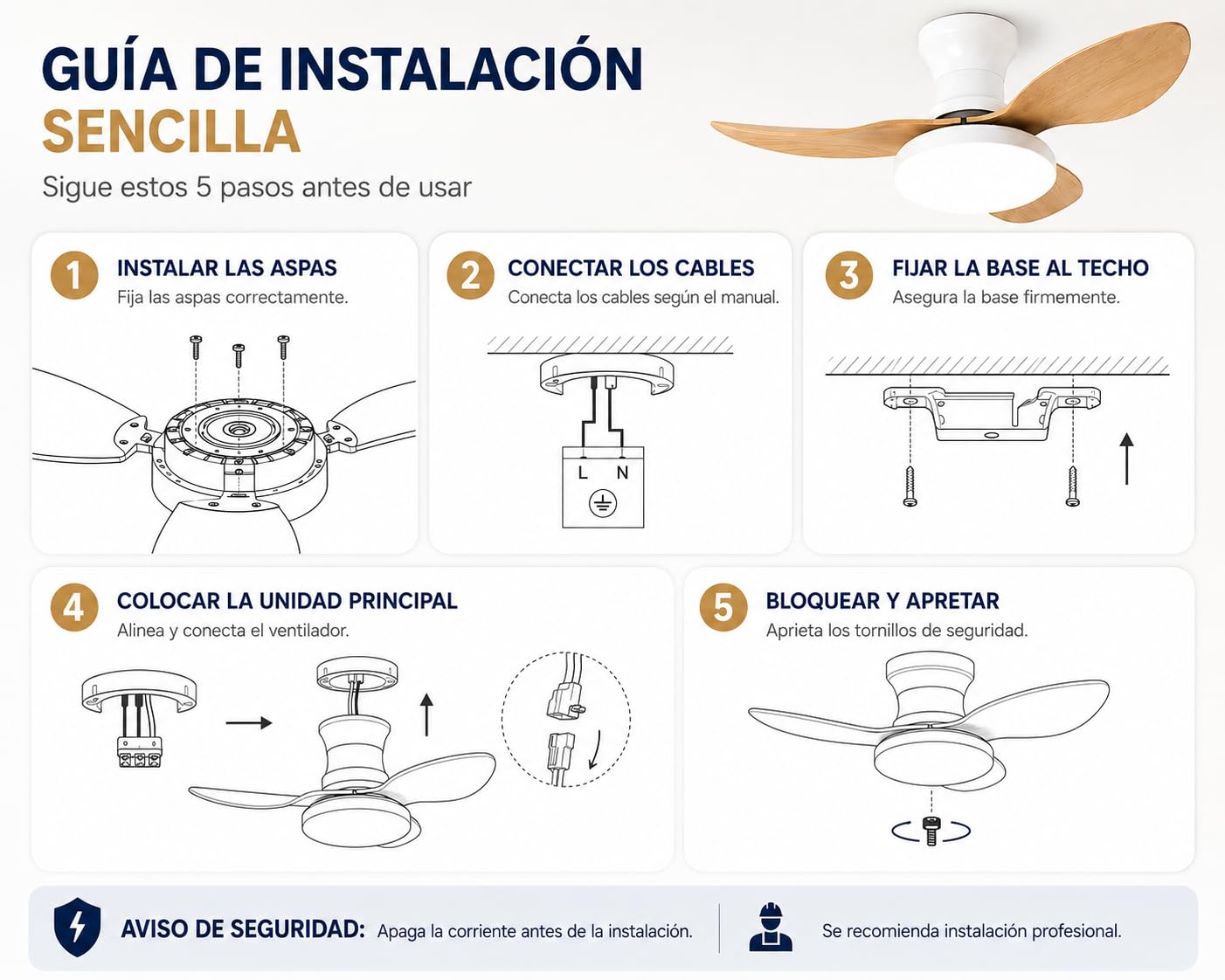 Genérico Ventilador de Techo Inteligente 63cm Madera con Luz Regulable, App/Mando, 3 Aspas Reversibles, Motor Silencioso Empotrado para Dormitorio, Bajo Consumo 220V (Blanco)