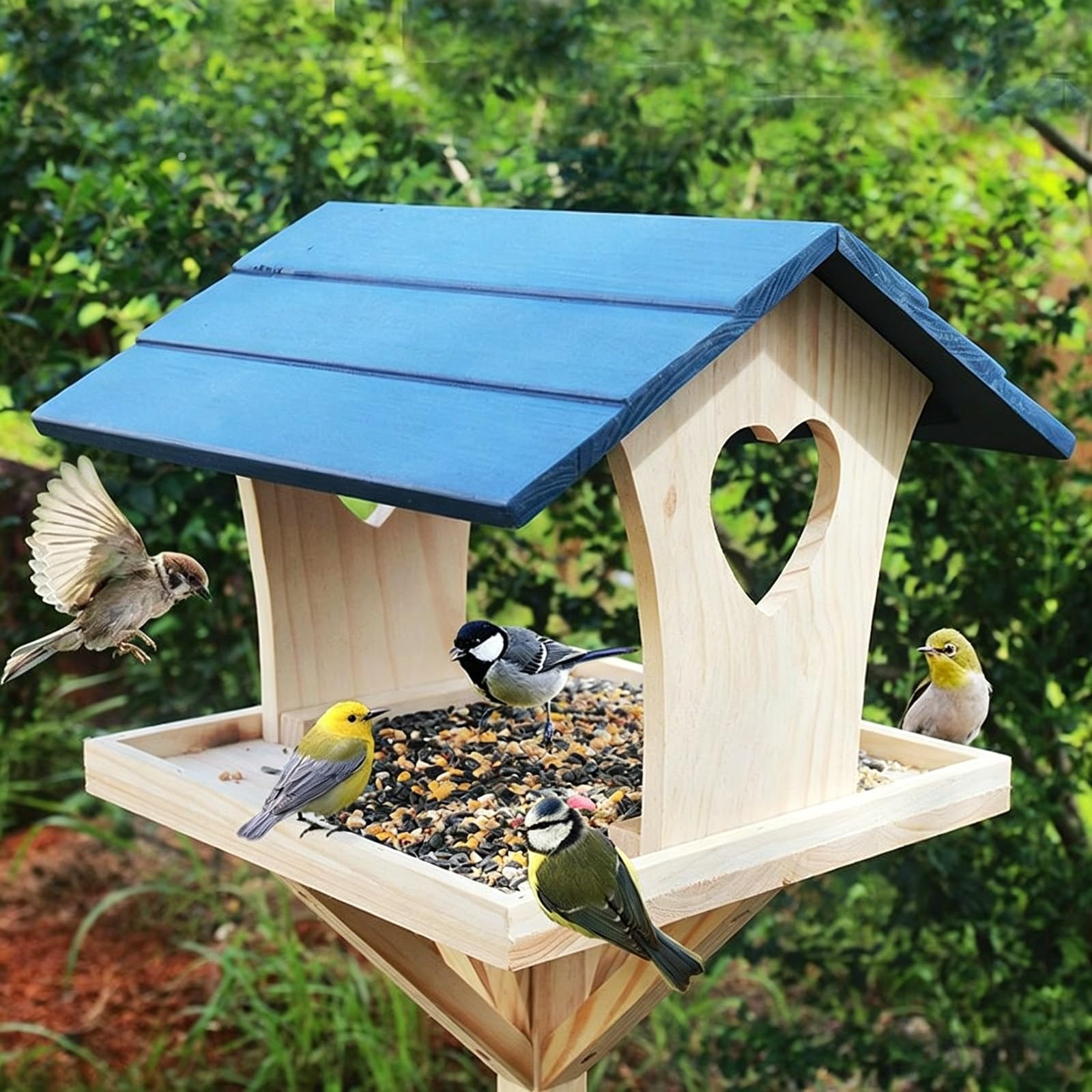 Comedero Pajaros Exterior, Comederos para Aves Silvestres, con Soporte, Madera de Pino, Fácil Montaje, para Jardín, Balcón o Terraza